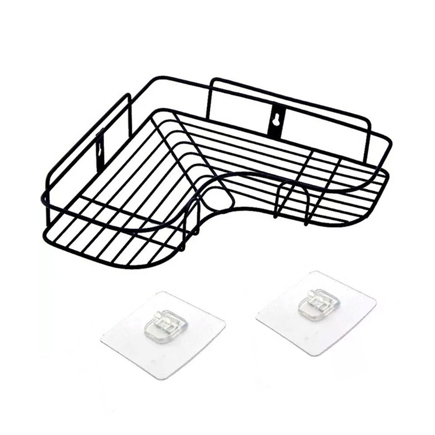 Waterproof corner shelf organiser used in a humid bathroom environment.