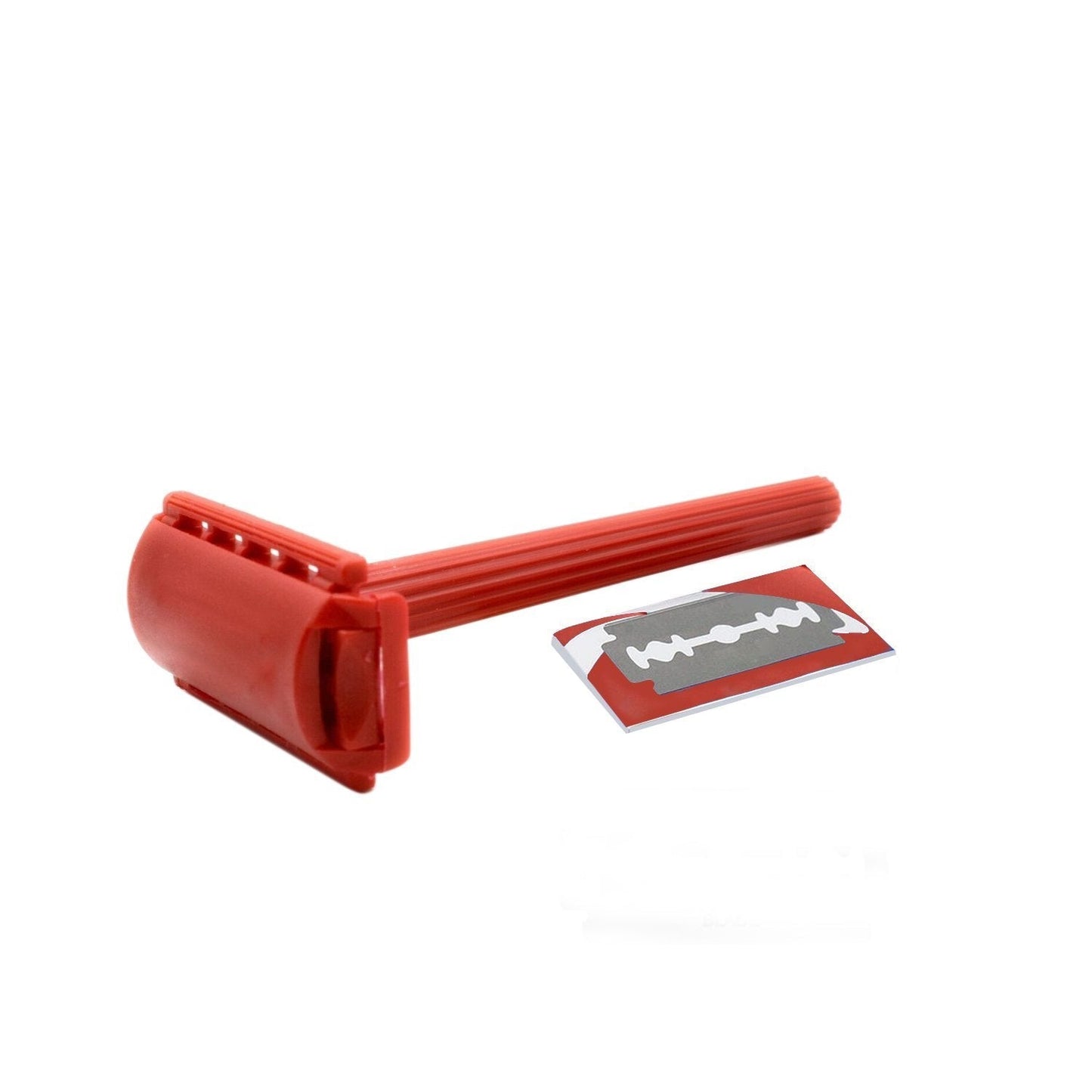 The shaving razor packaged neatly on a display card, ready for retail.