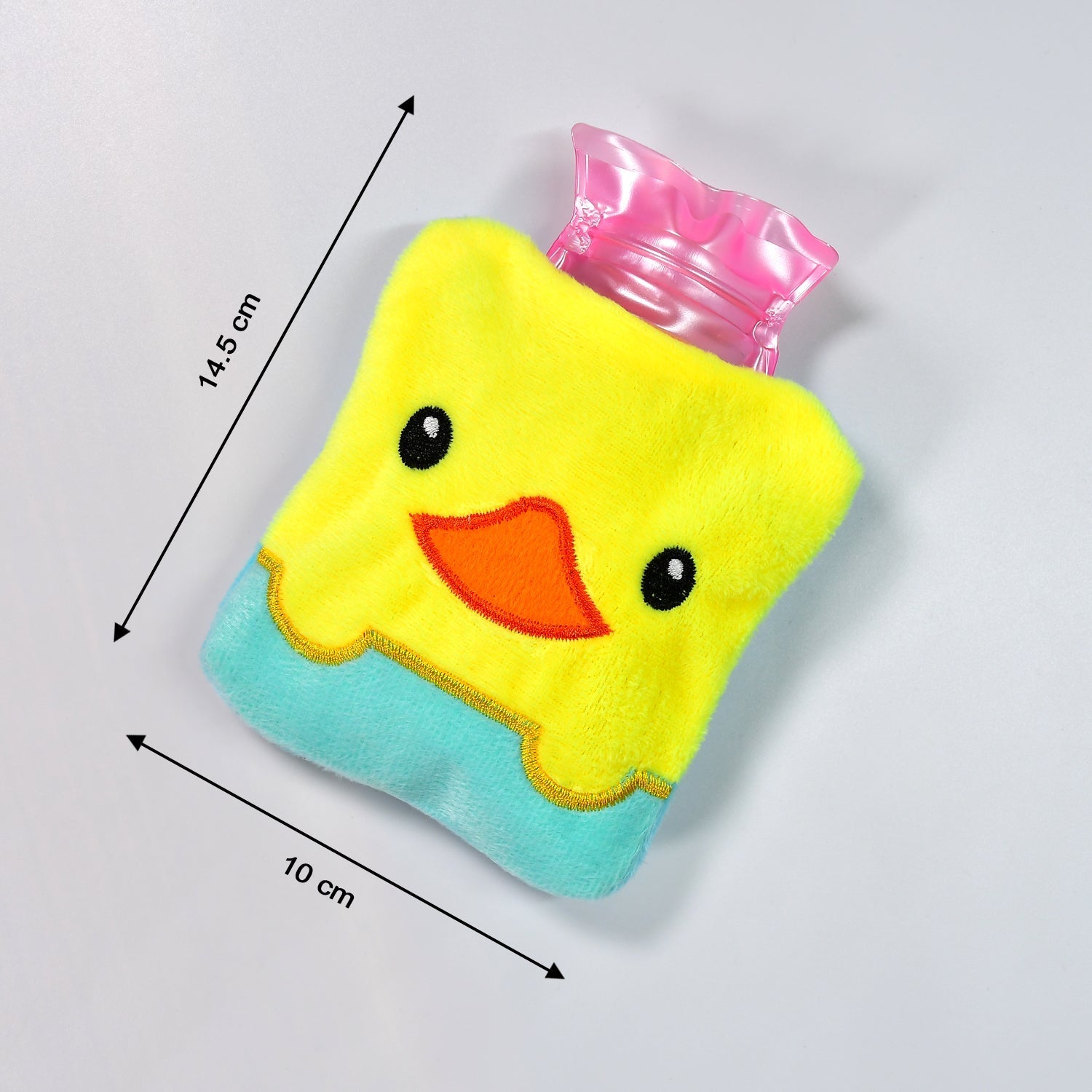Mini hot water bottle with a charming yellow duck cover for kids and adults.