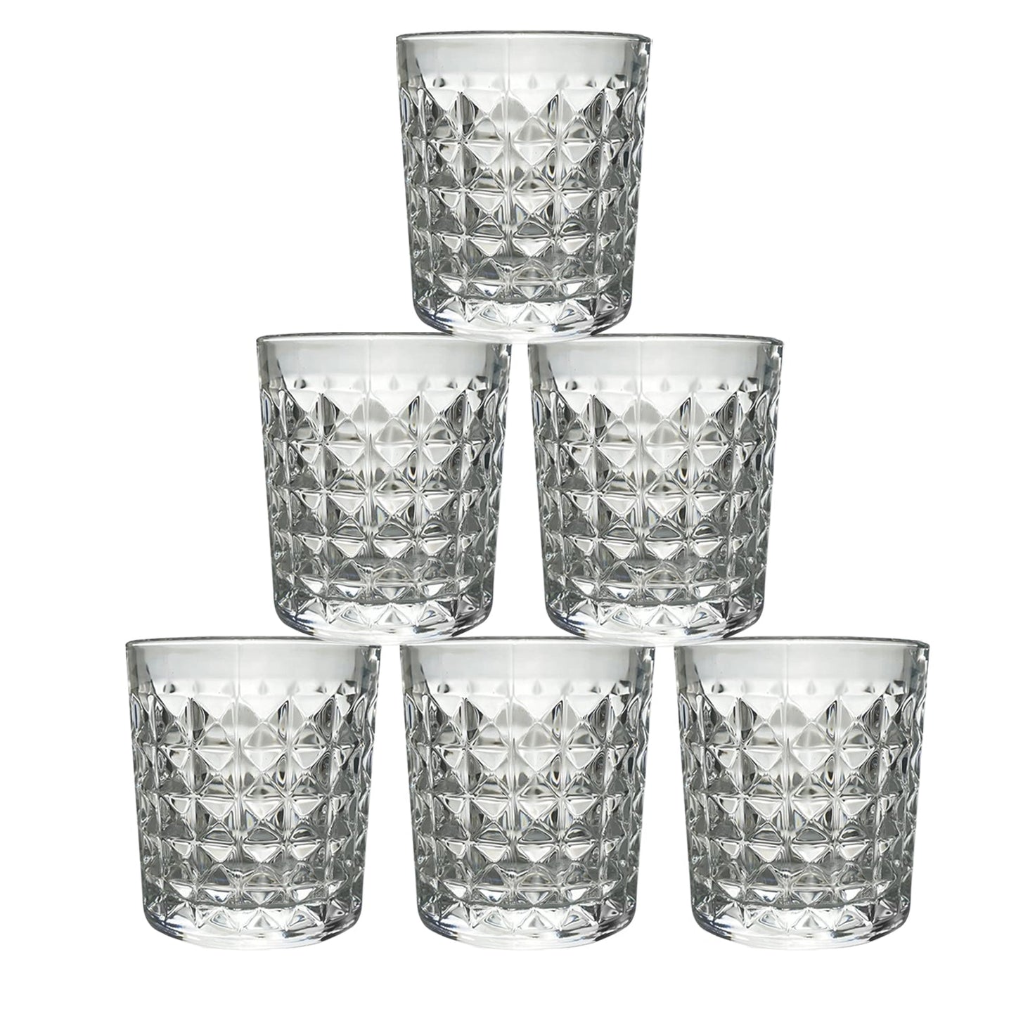 A stack of elegant diamond-cut glass tumblers, illustrating their compact storage and design.
