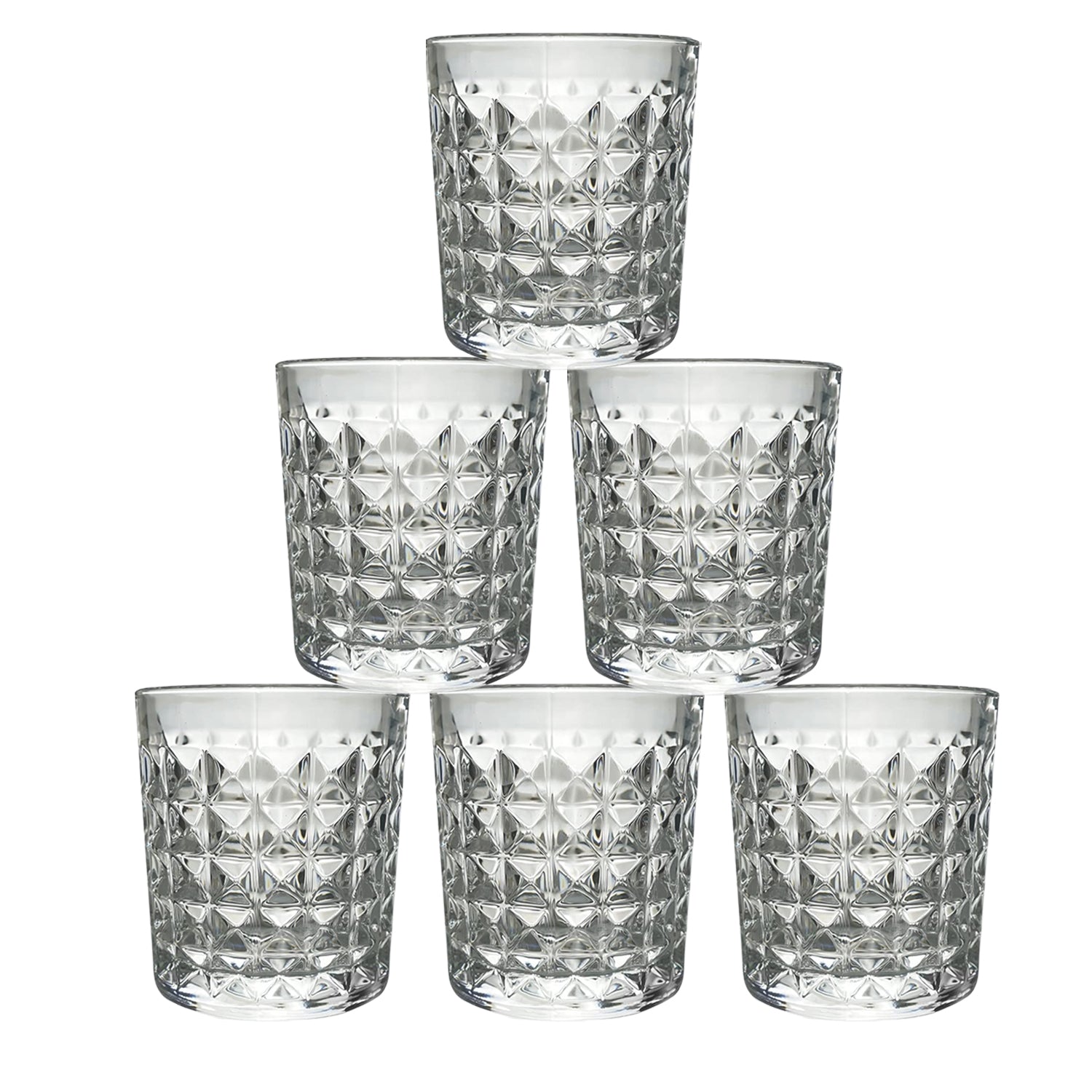 A stack of elegant diamond-cut glass tumblers, illustrating their compact storage and design.