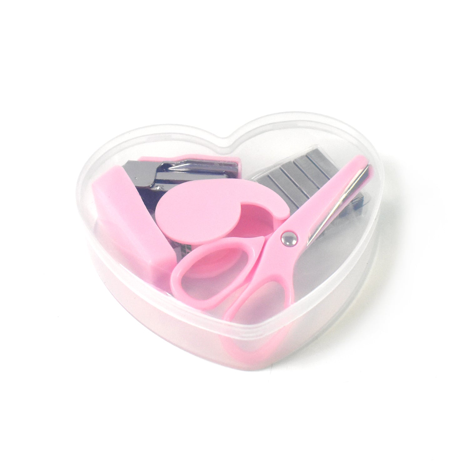 The portable stationery kit with all its components, including paper clips, ready for use.