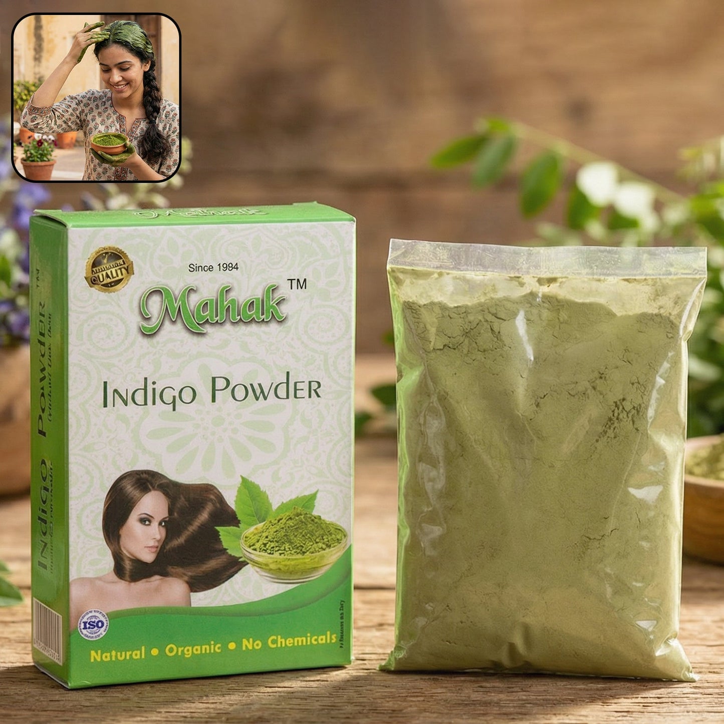 Glow facial herbal kit showcasing natural products including indigo powder
