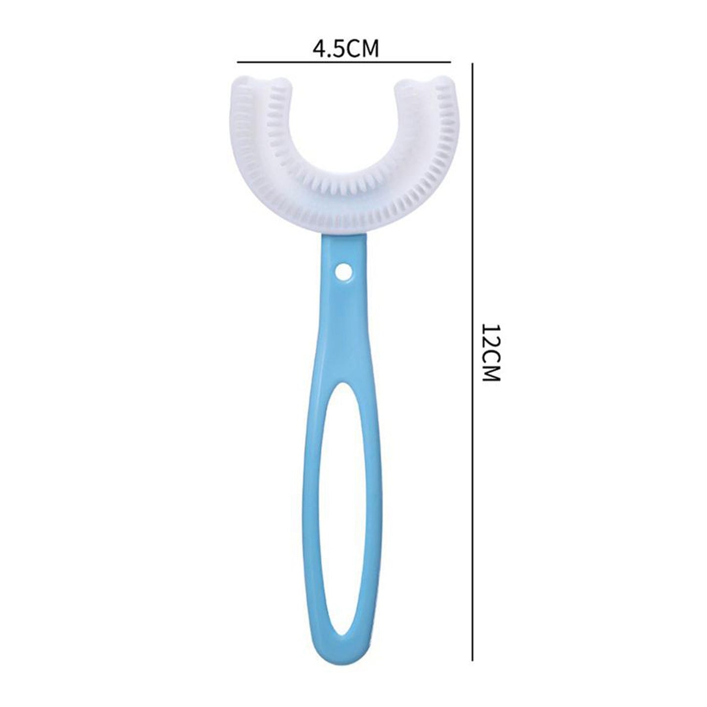 Large U-shaped toothbrush in pink, ergonomically designed for young children.