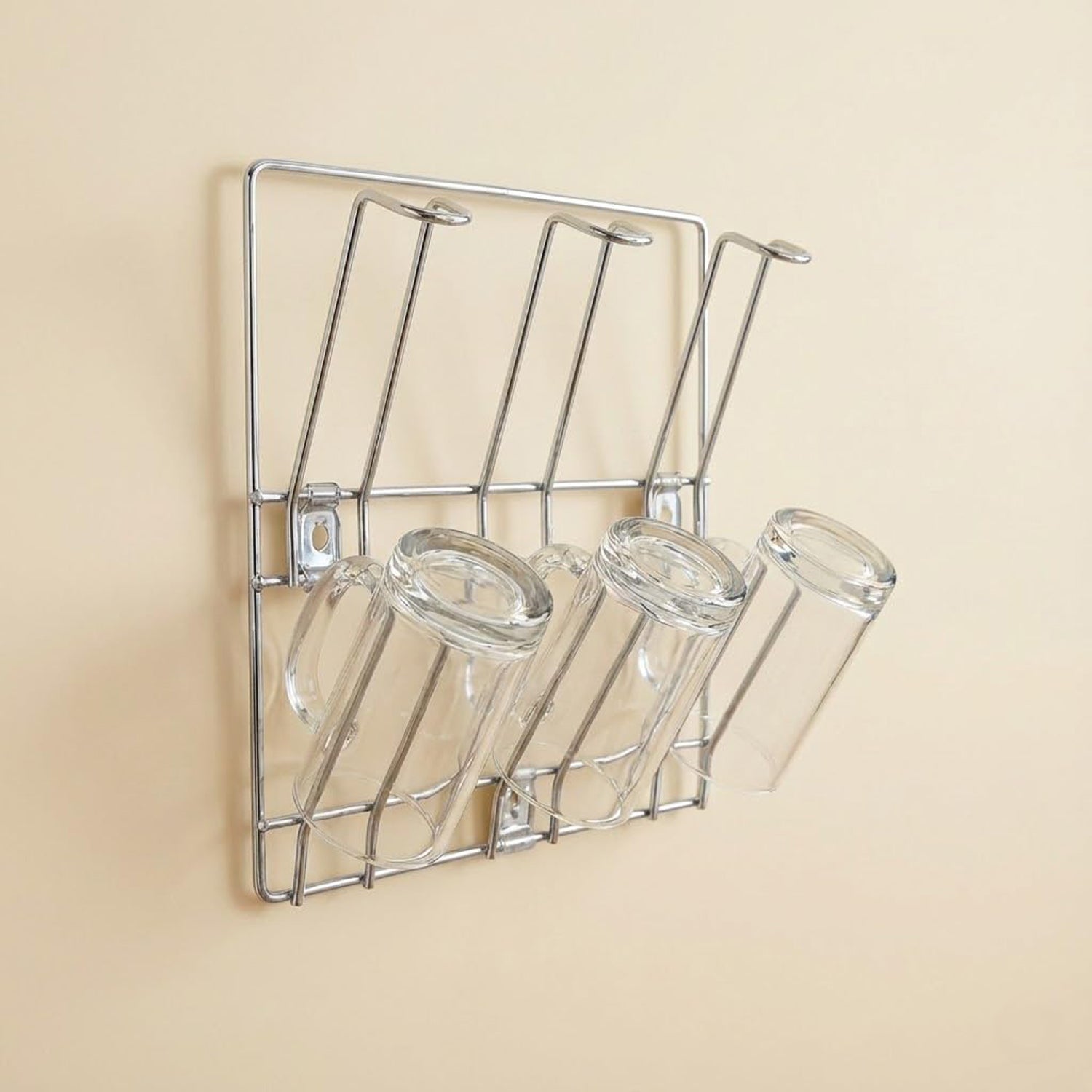 Wall-mounted stainless steel cup rack holding multiple drinkware