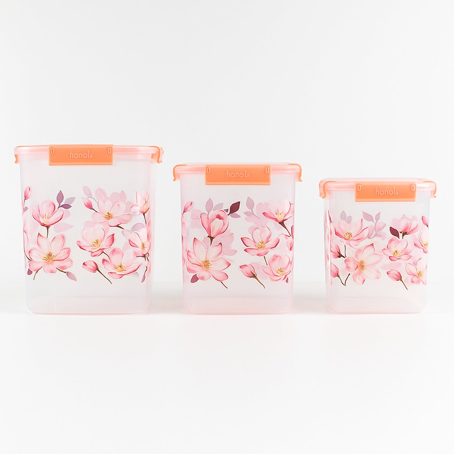 Stackable floral food storage container set with transparent bodies.