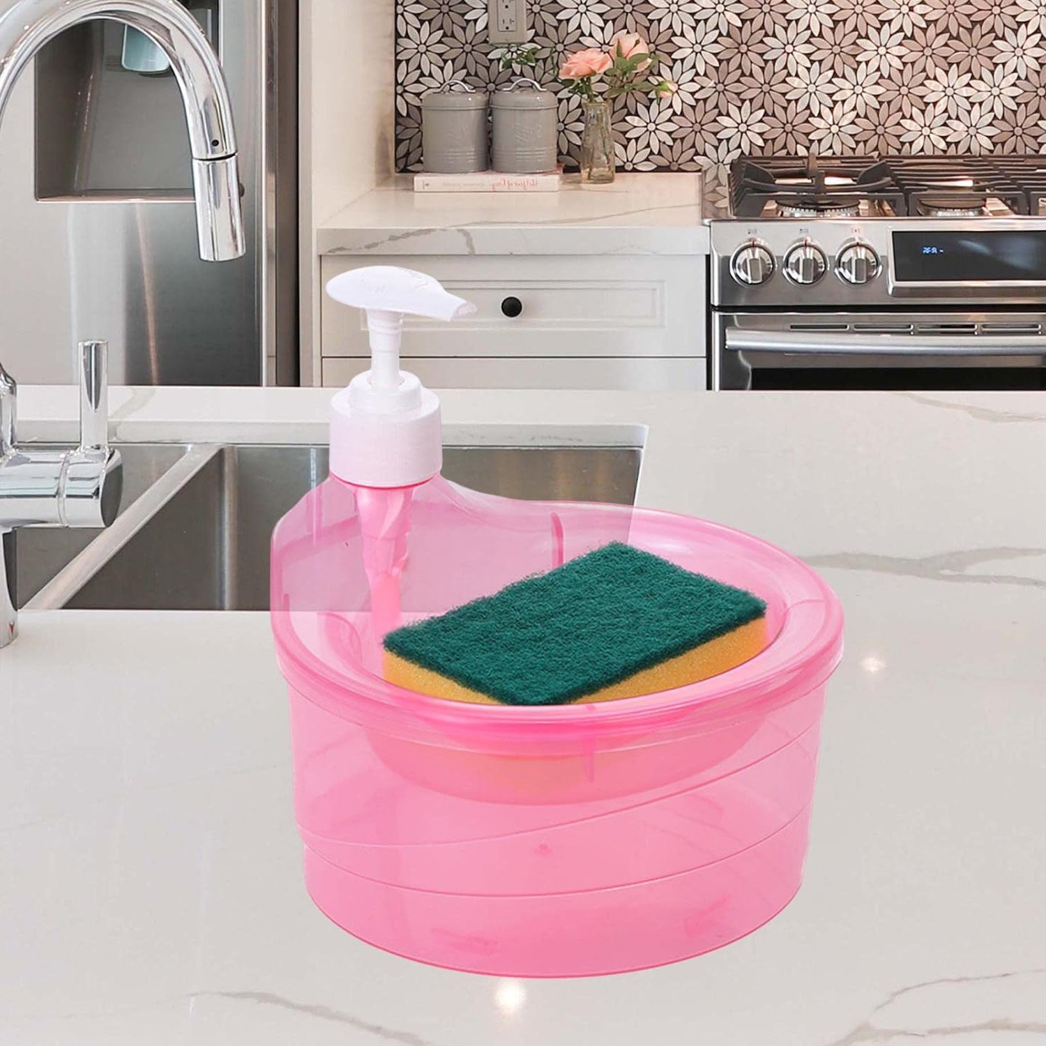 Top view of the dual compartments for soap and sponge in this organizer.