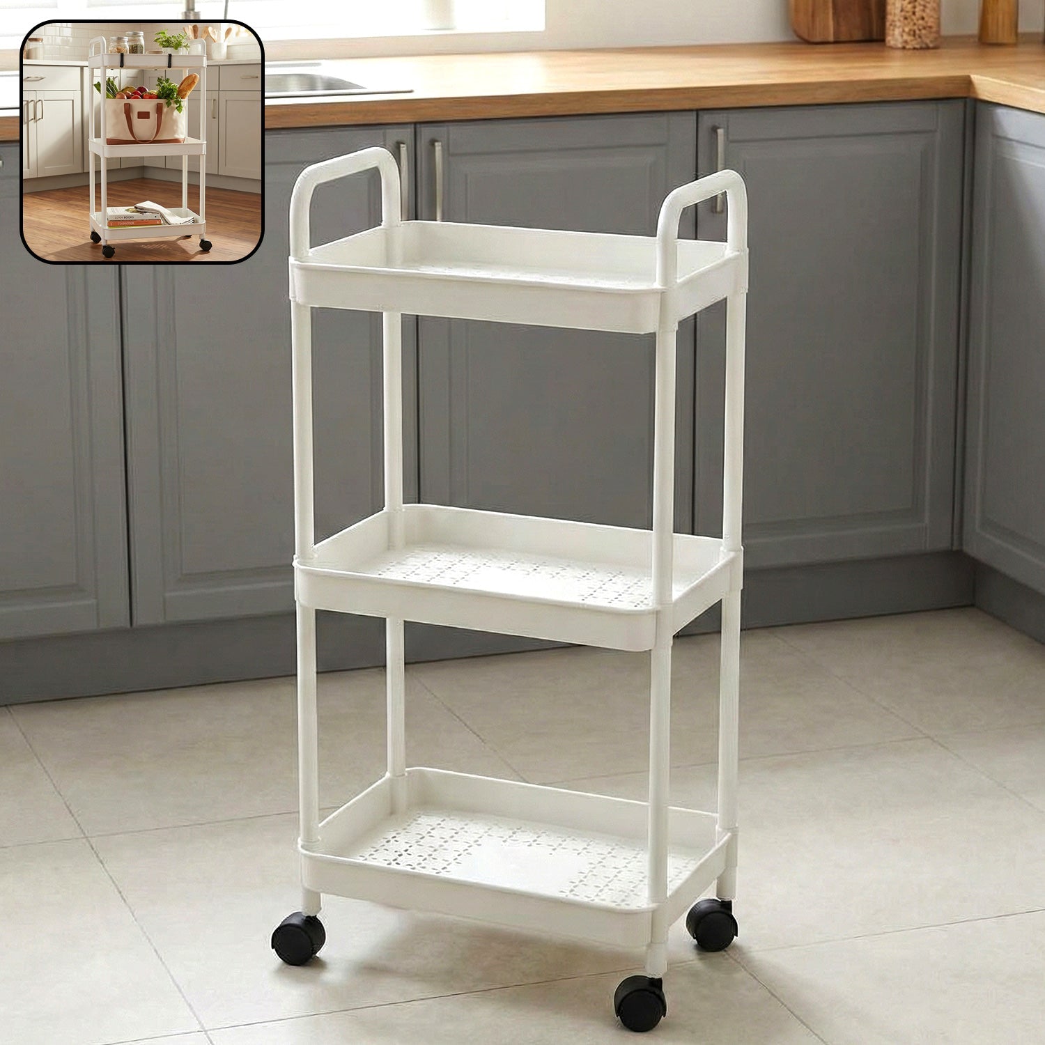 3 layer rolling storage trolley with shelves for kitchen and bathroom organization