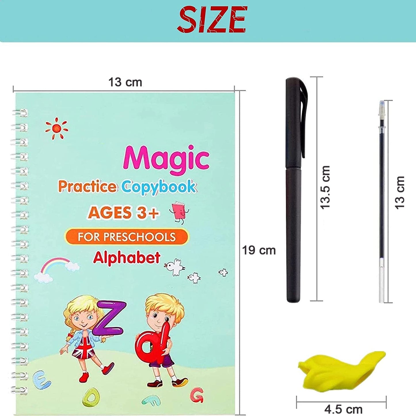 Close-up of a child using a Magic Copybook to practice writing skills.