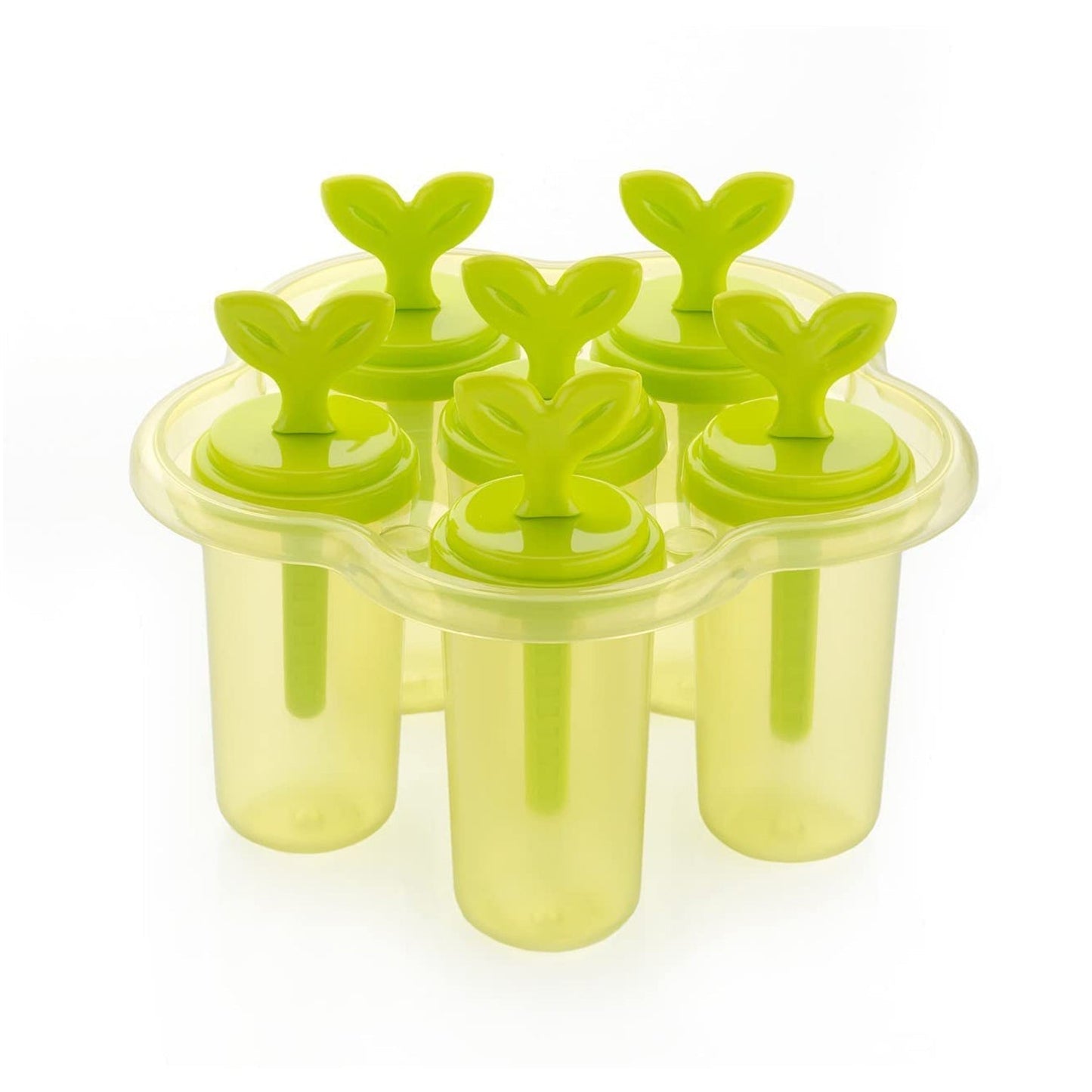 Top-down view of an ice candy maker with six slots.