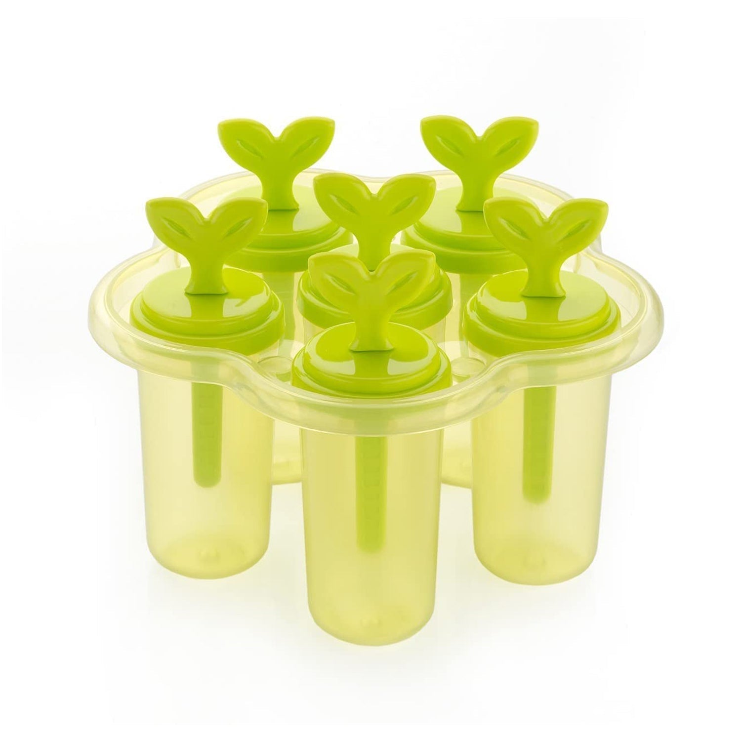 Top-down view of an ice candy maker with six slots.