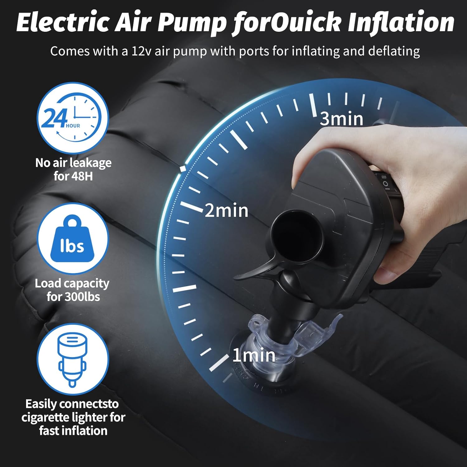 Foldable car seat air mattress ready to inflate for travel naps