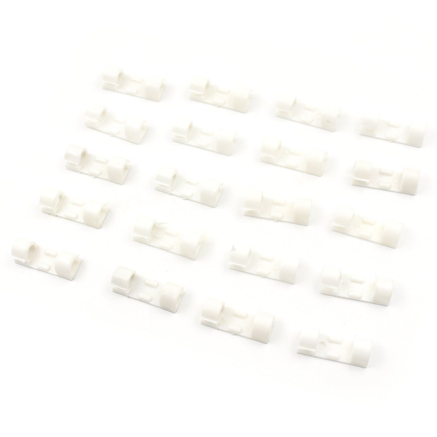 The 20-piece set of plastic cable clips shown in their retail packaging, ready for use.
