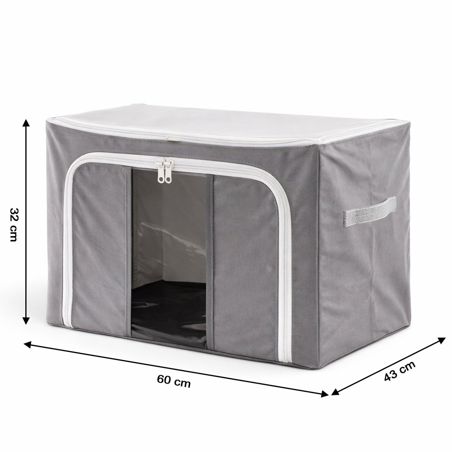 Interior view of the foldable clothes storage organizer, highlighting the sturdy steel frame support.