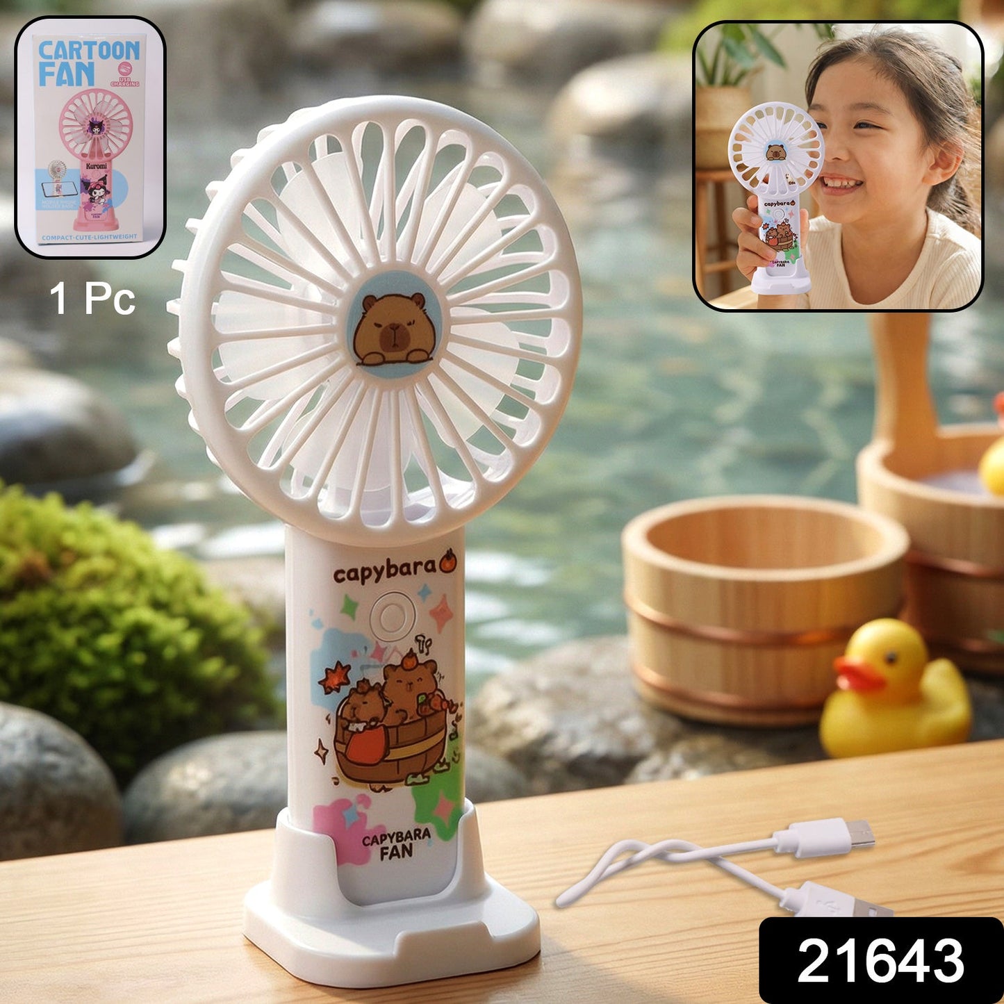 Rechargeable handheld fan featuring cartoon capybara design used as a hand fan