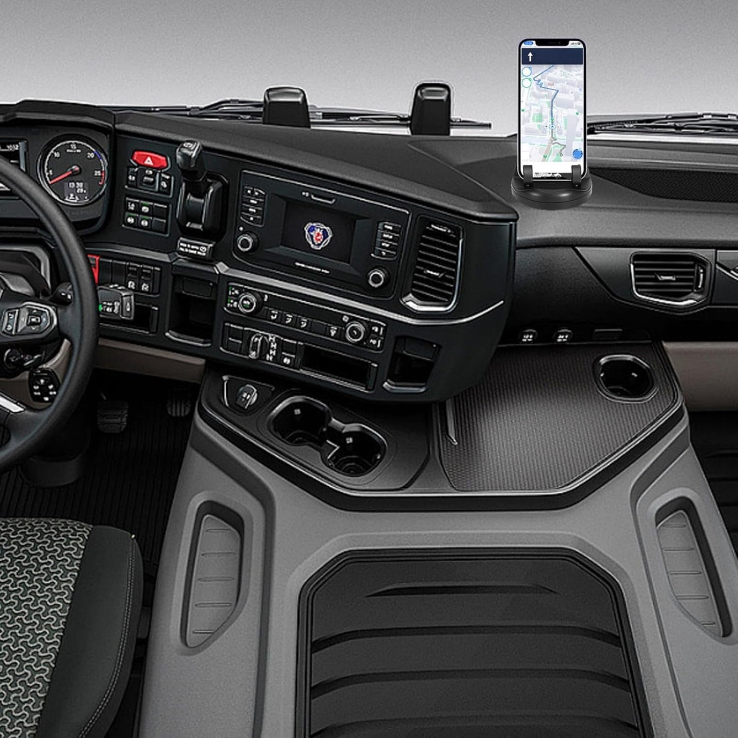 Car phone holder displaying the temporary parking number plate feature.