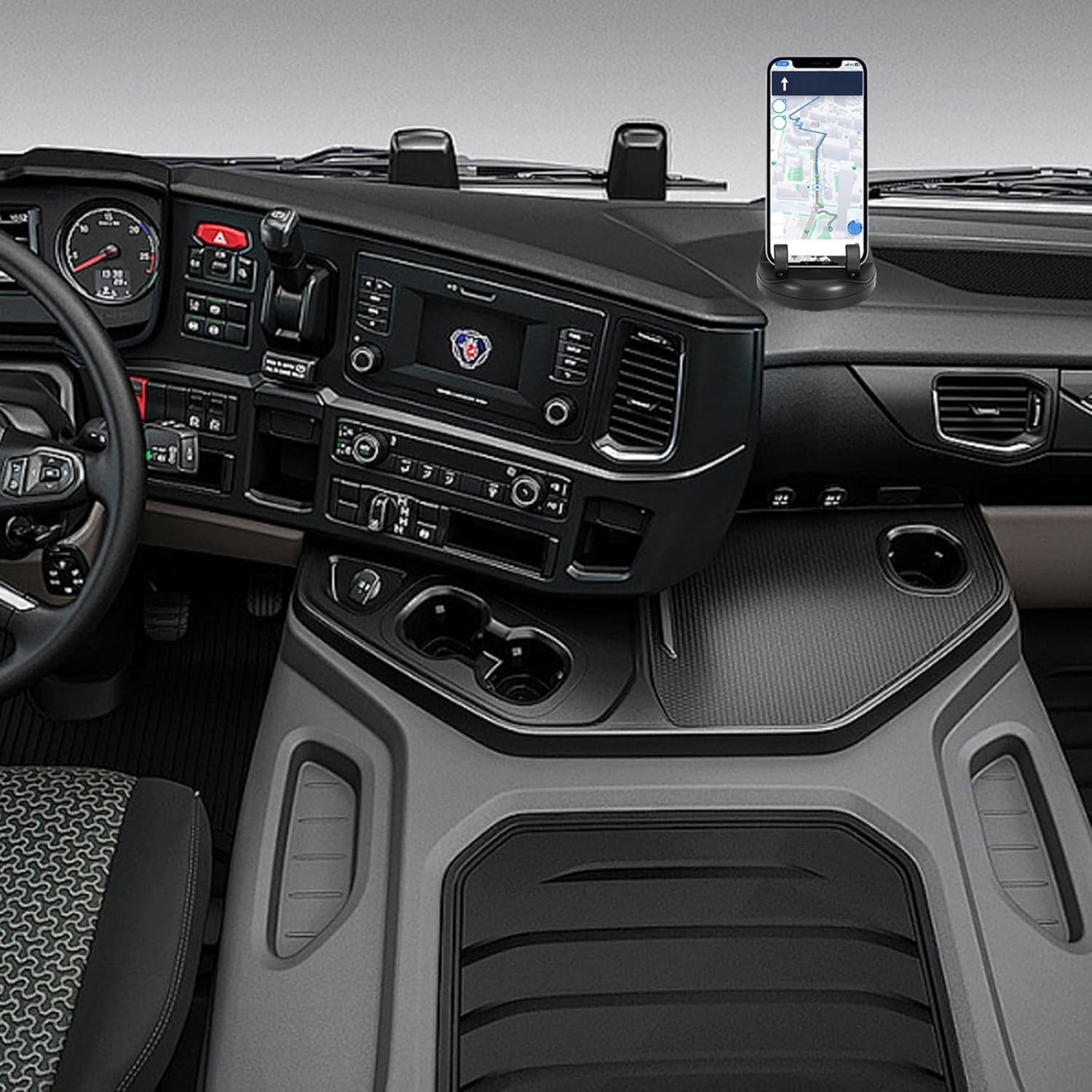 Car phone holder displaying the temporary parking number plate feature.