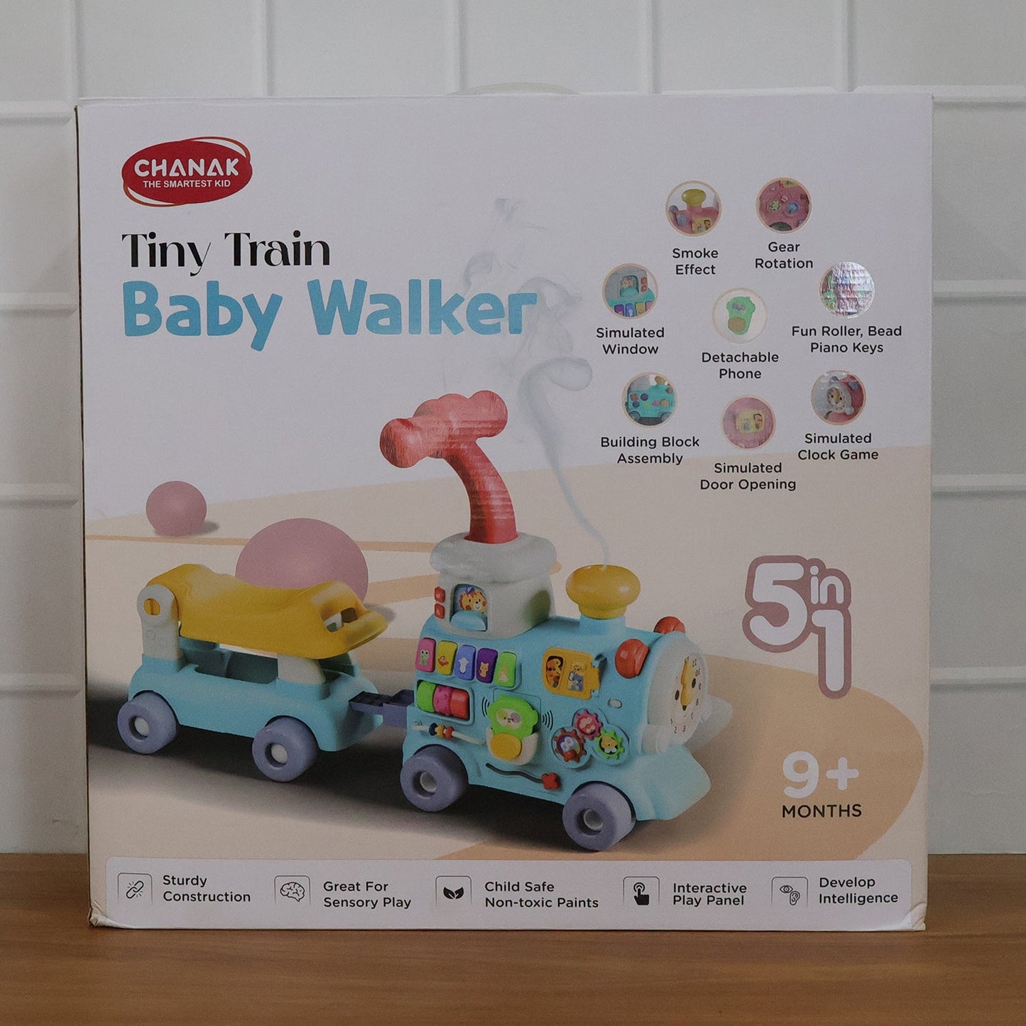 Baby activity walker with colorful train design