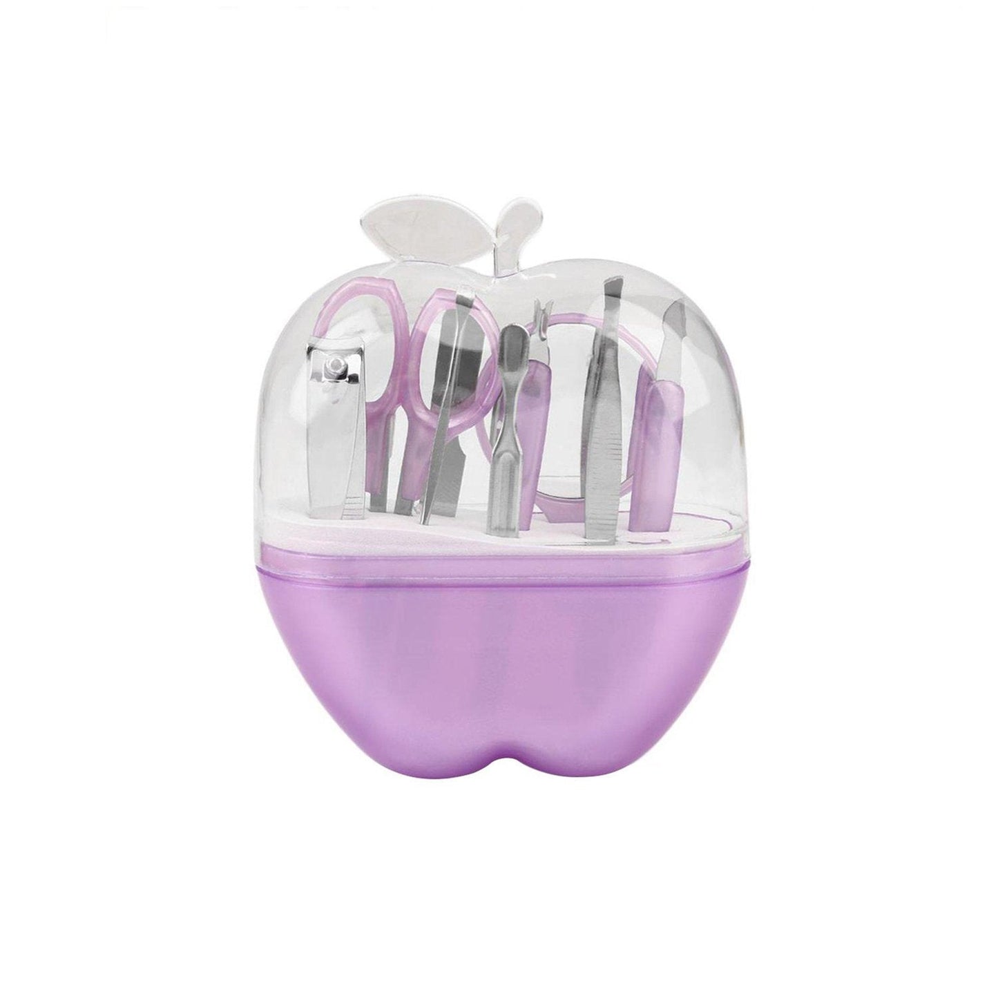Close-up of the 8-piece stainless steel nail kit inside its apple case.