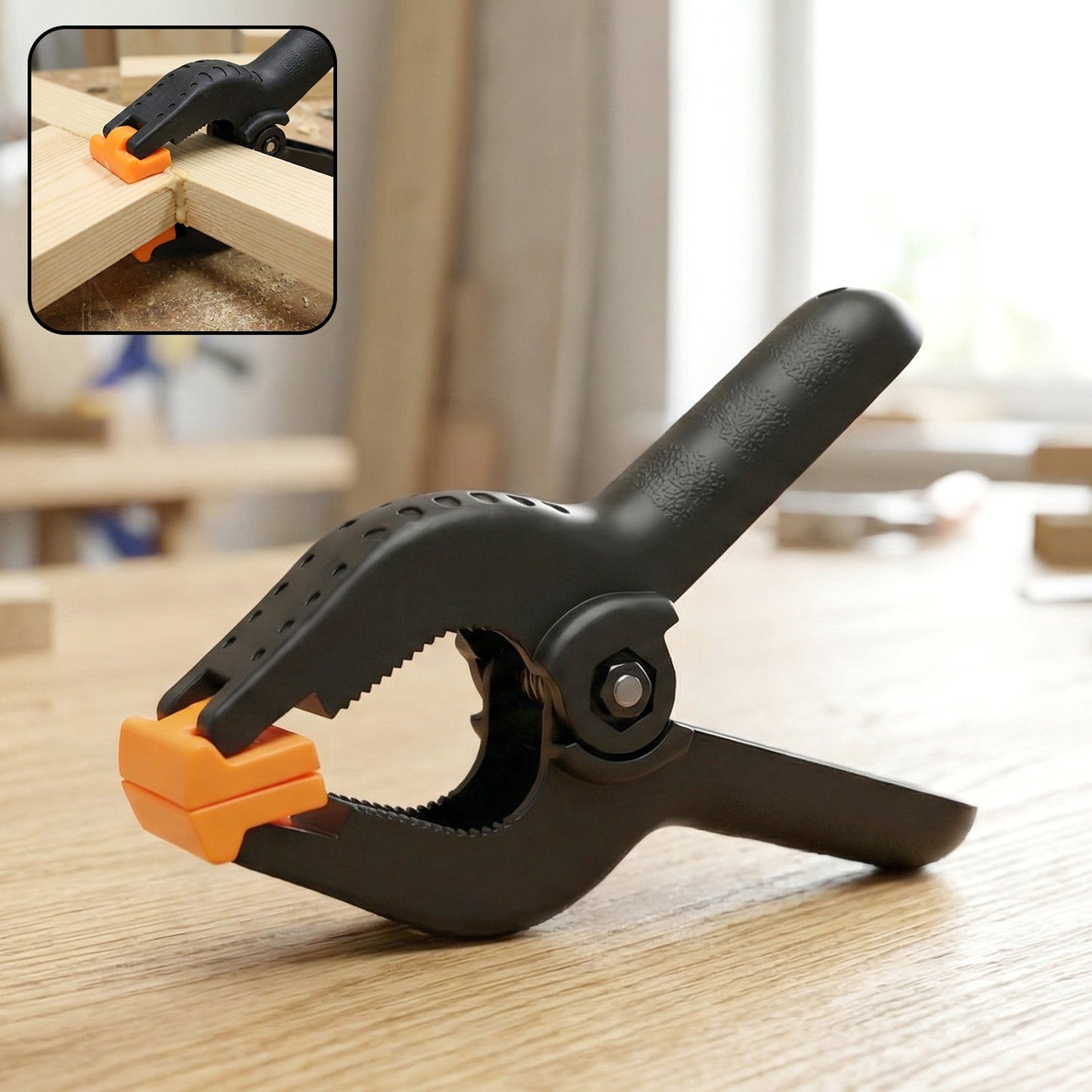 Multipurpose hand-operated spring clamp displaying non-slip jaw texture