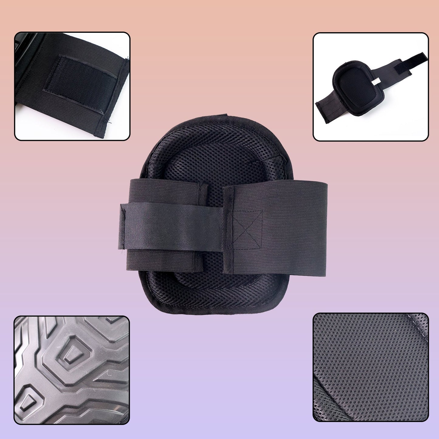 Close-up of heavy-duty knee pad showing adjustable elastic straps with Velcro