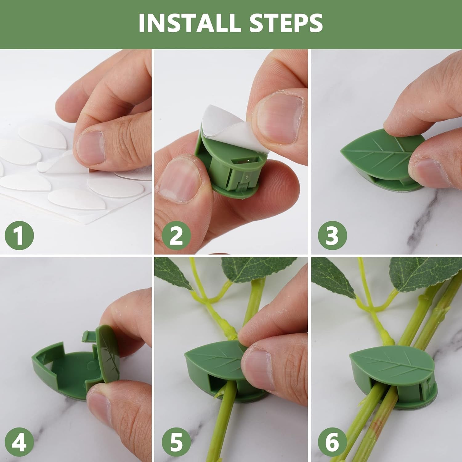Multiple green leaf-shaped plant climbing clips displayed against a clean white surface.