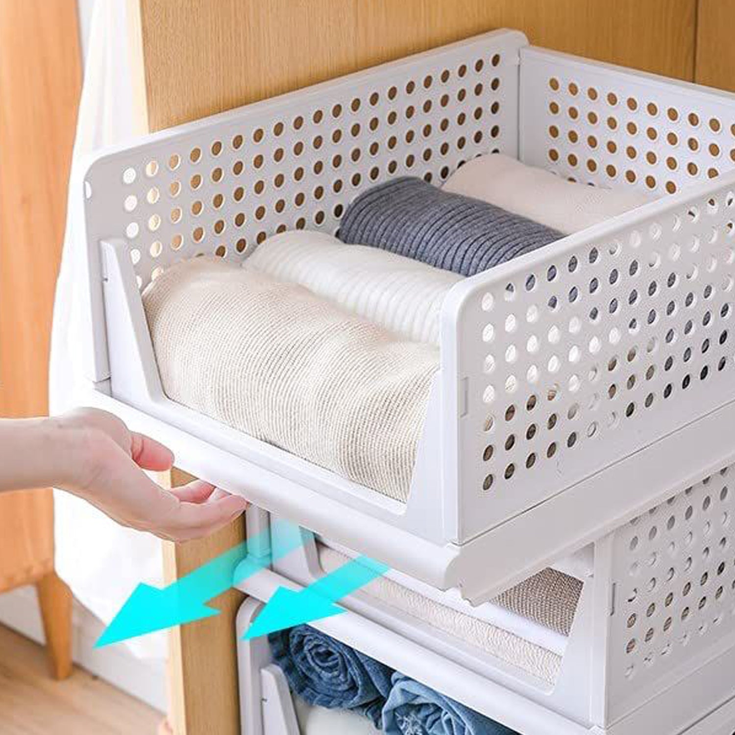 A foldable 3-layer clothes organizer, perfect for compact wardrobe storage in Indian homes.