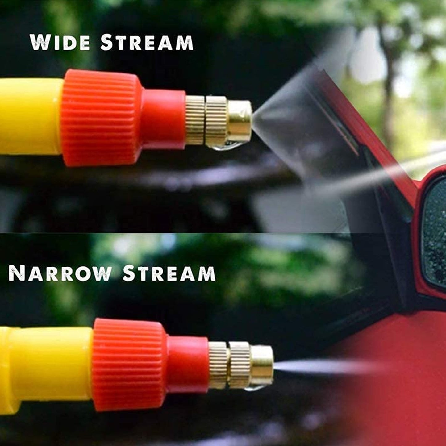 Garden spray nozzle efficiently watering plants in a home garden.
