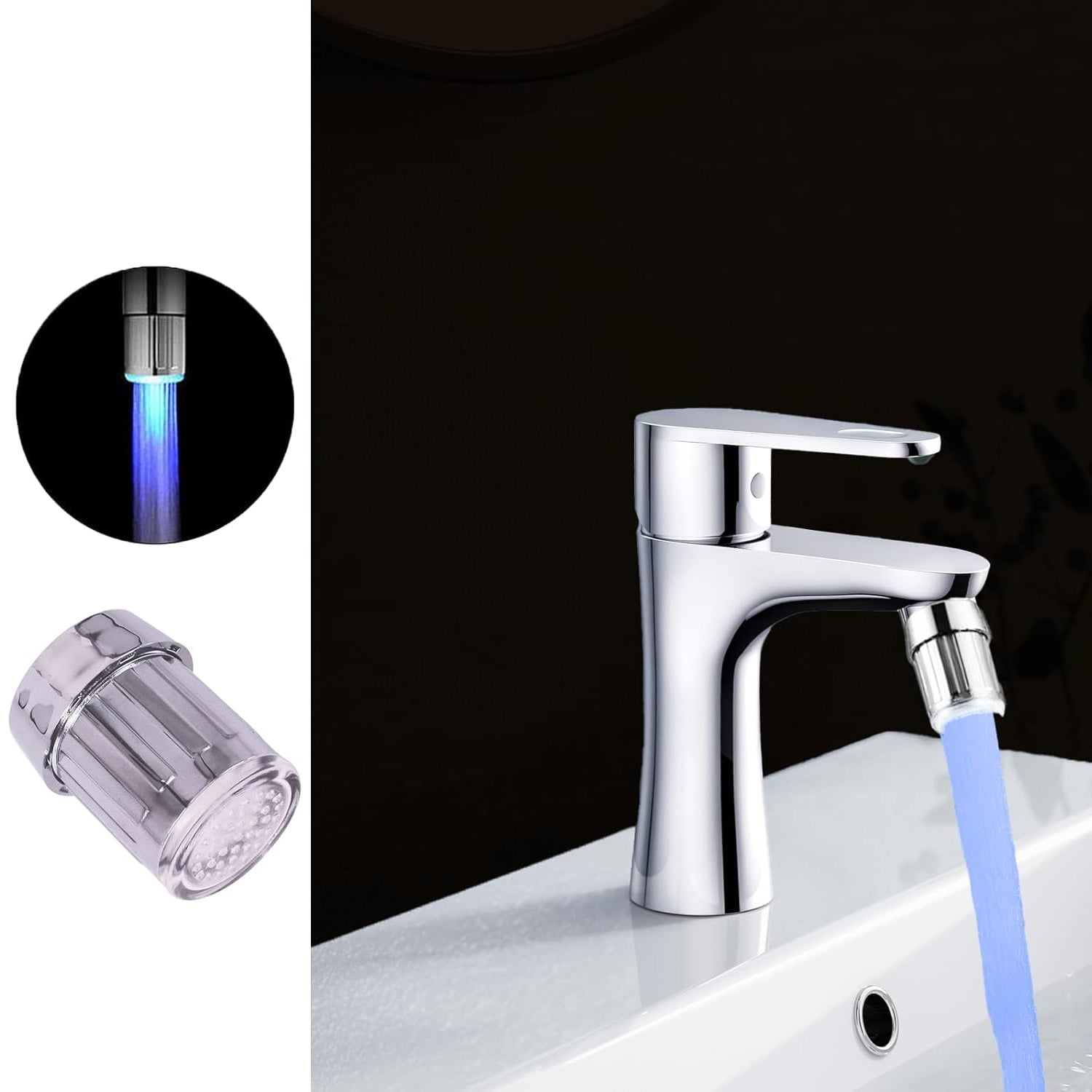 LED faucet light streaming a colorful water flow from kitchen tap