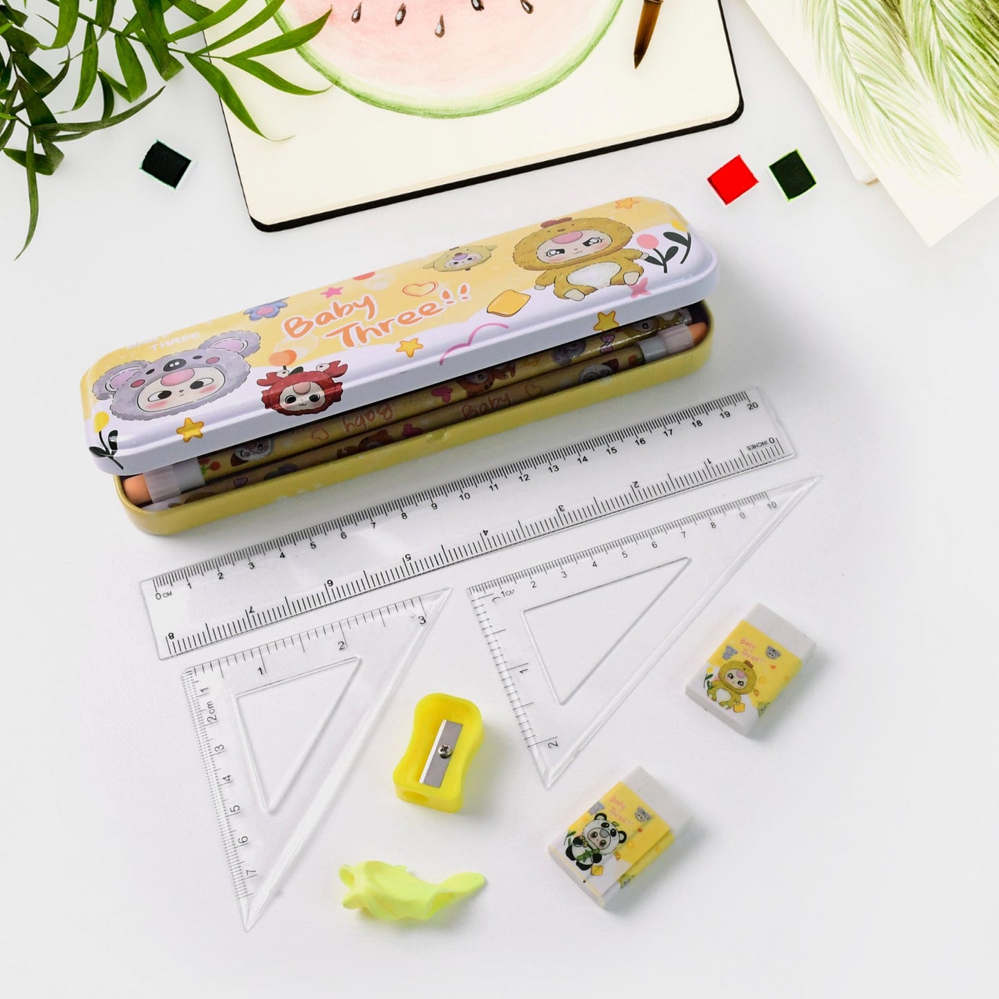 Transparent geometry tools and sharpener inside metal pencil box set