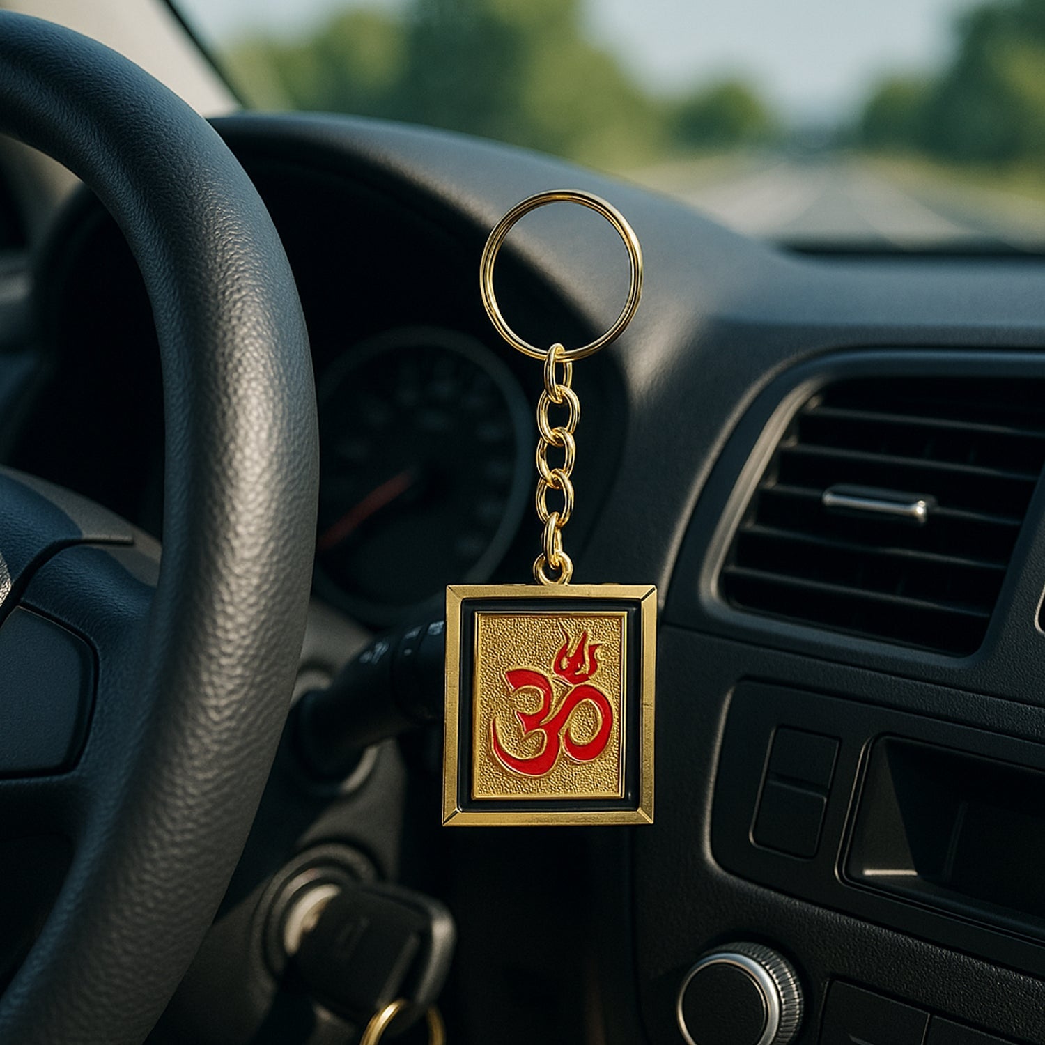 Om Trishul keychain hanging with detailed golden craftsmanship
