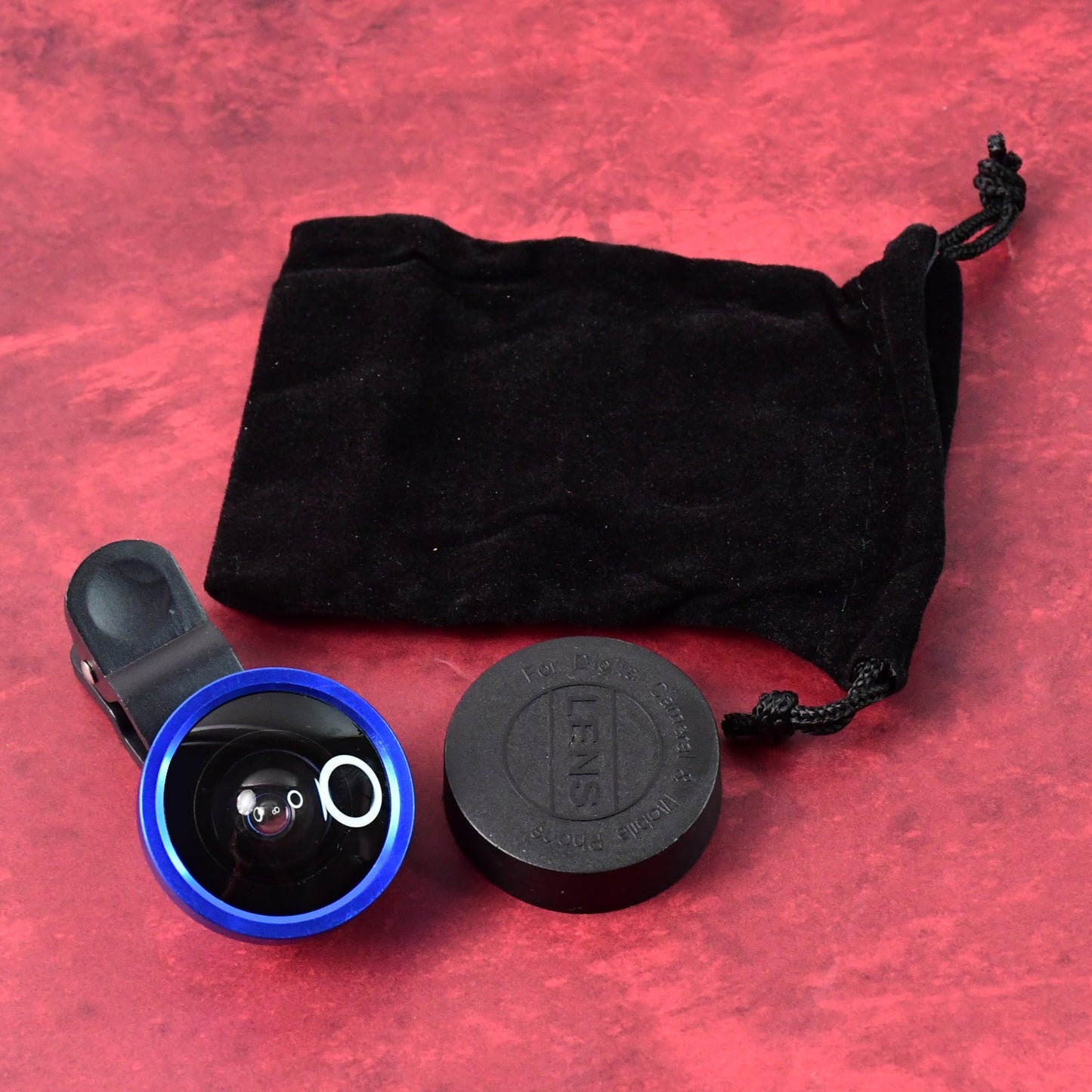 Lens packaging and carry pouch for wide-angle selfie camera lens
