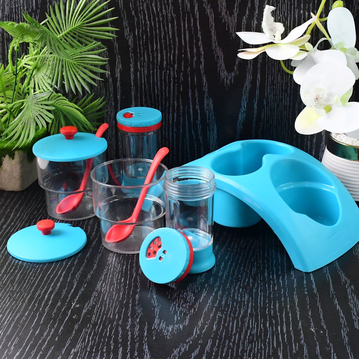 Unbreakable plastic pickle and spice storage jars with stand