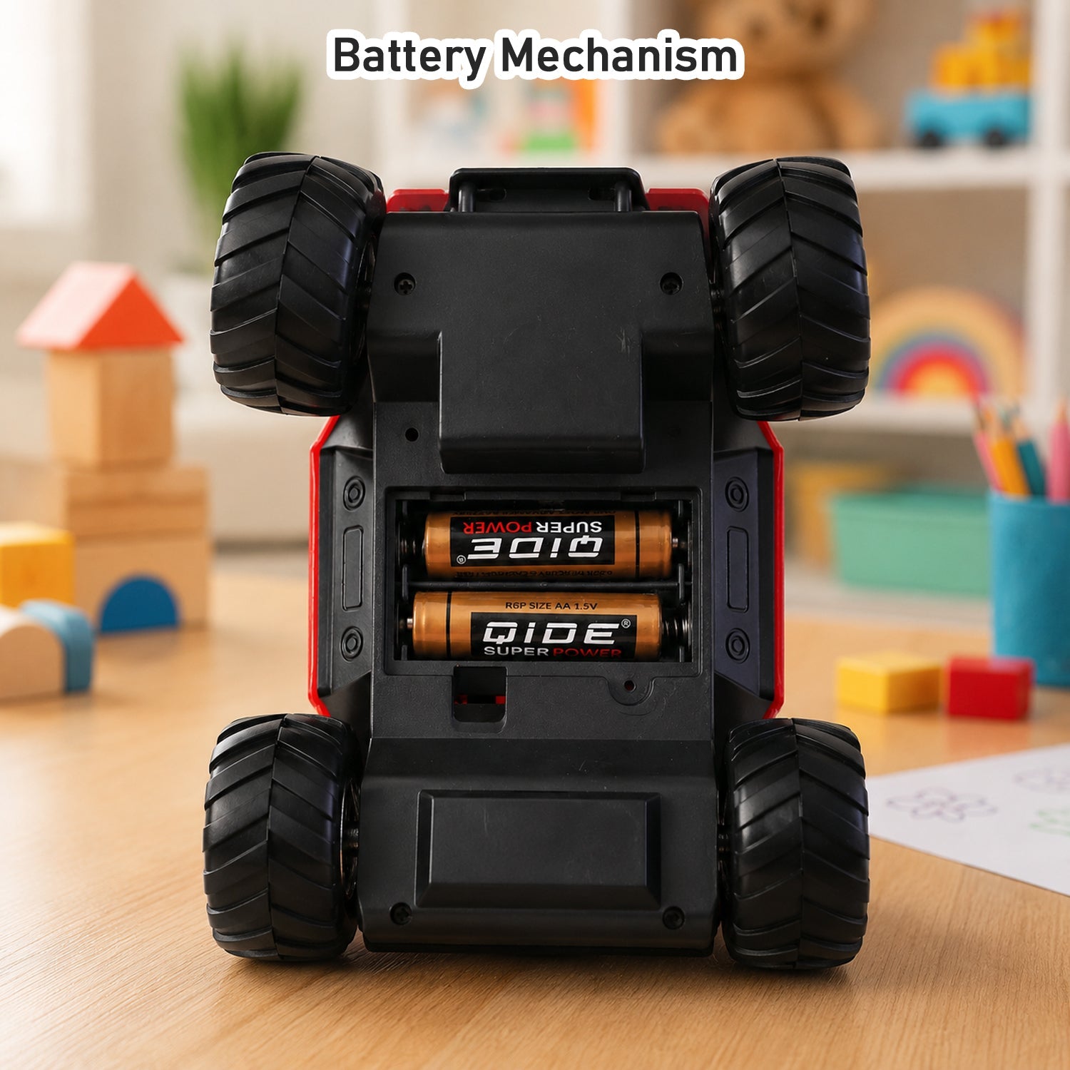 Kids playing with friction-powered off-road adventure toy jeep