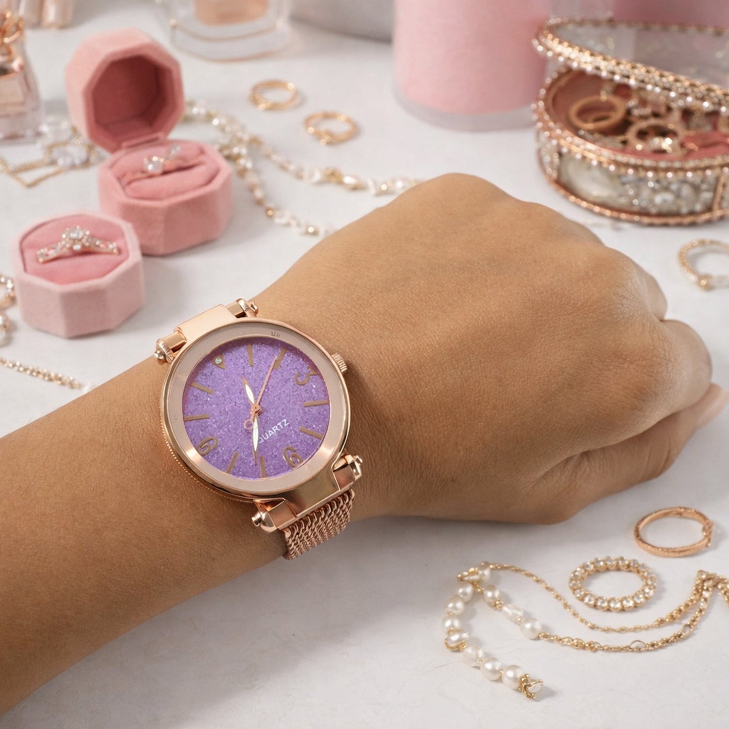 Modern elegant details of women’s analog wrist watch dial