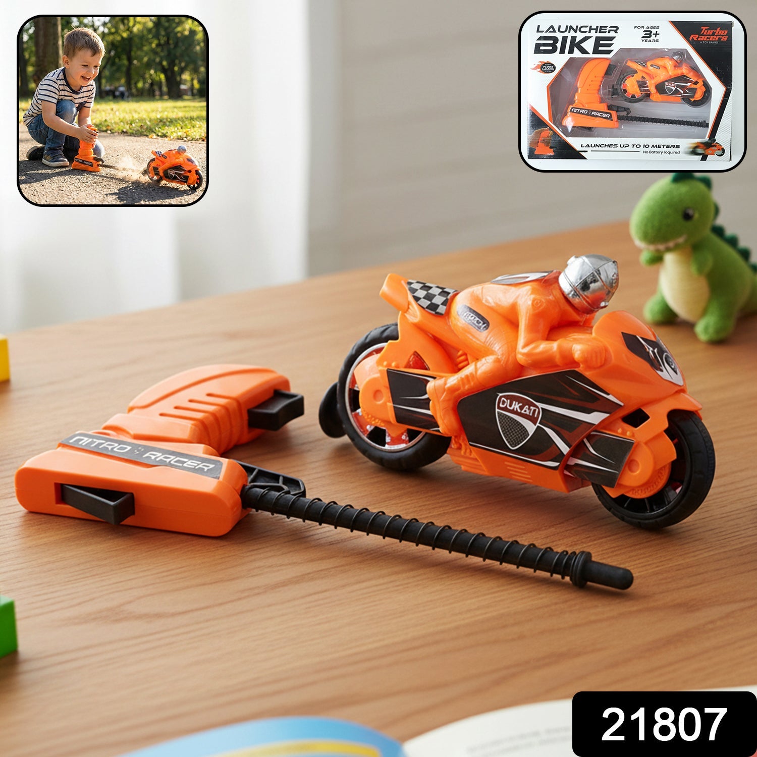 Kids' launcher racing bike toy speeding forward on a flat surface