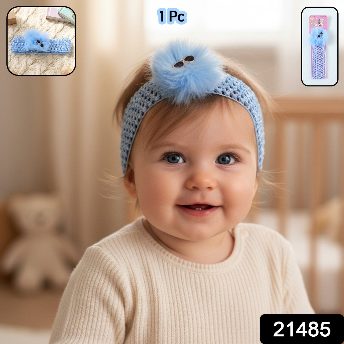 Baby girl soft elastic hair band with pom pom detail