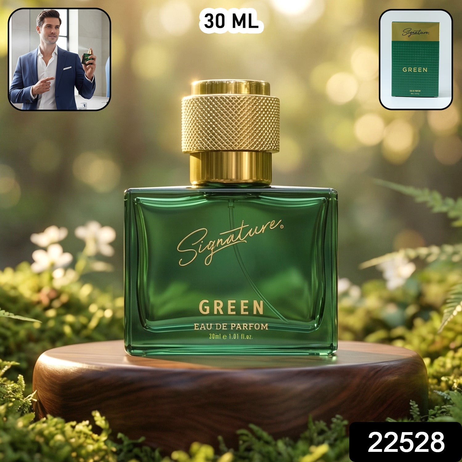 Stylish Signature green perfume bottle packaging design