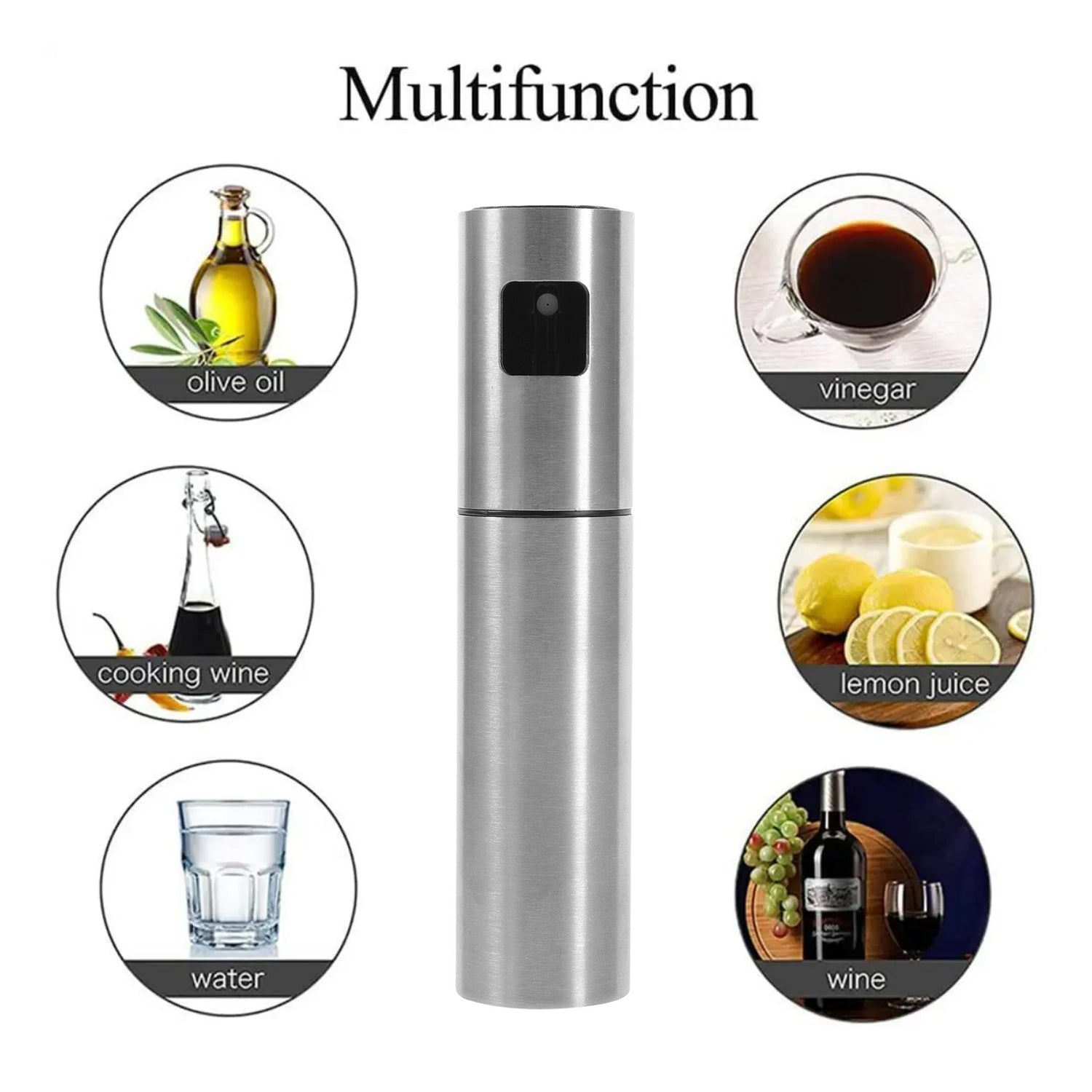 Sleek and modern stainless steel oil spray bottle for any kitchen.