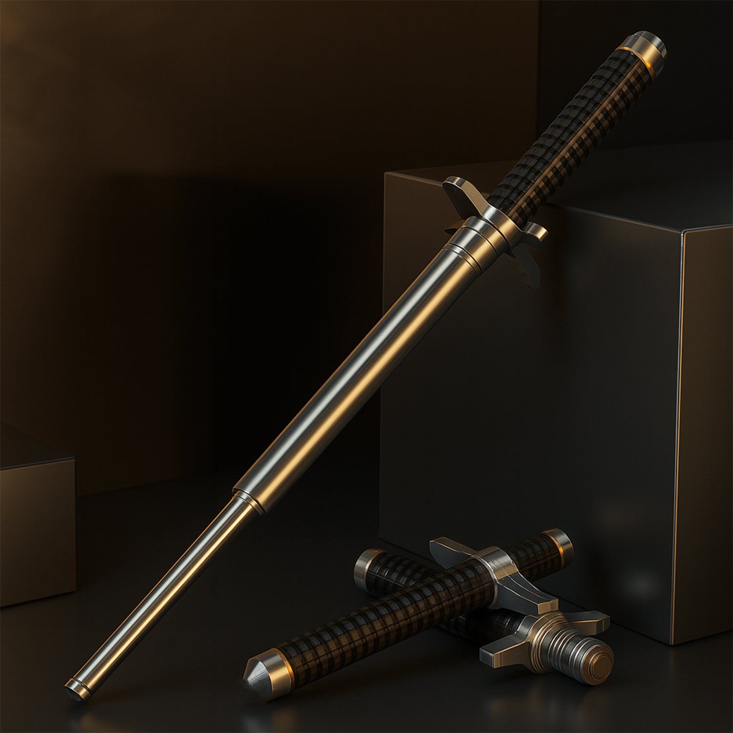 The durable metal shaft of the Folding Walking Stick demonstrating its strength against a brick.