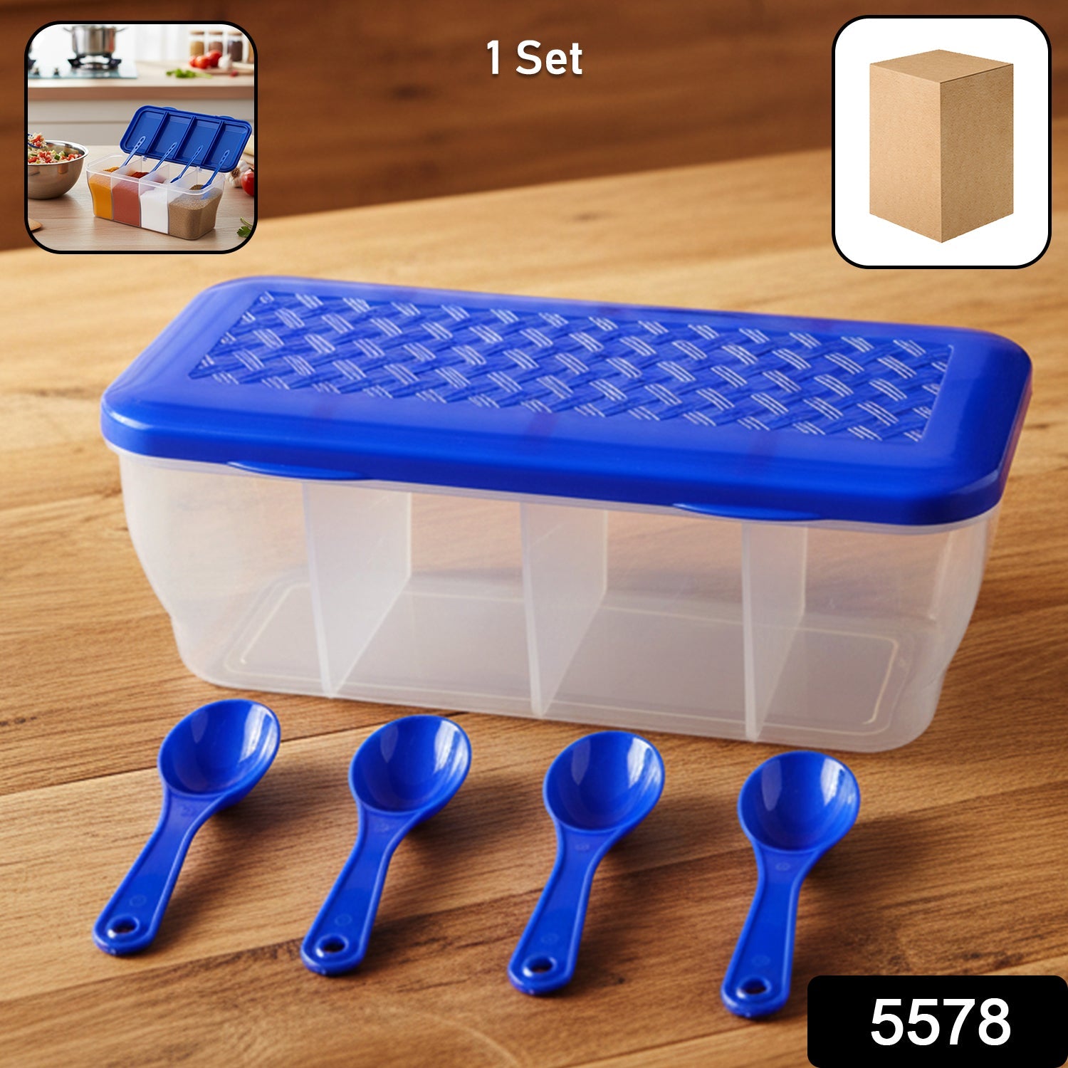 Clear 4-section container filled with various Indian spices and dry fruits.