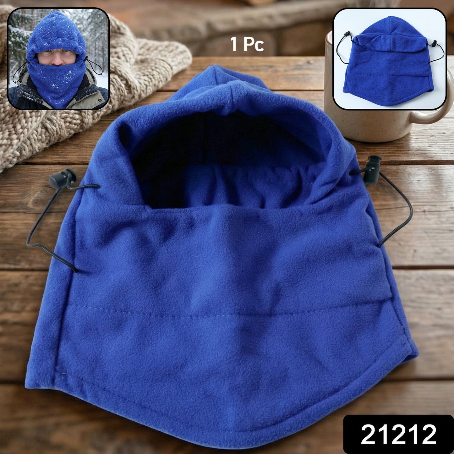 Person wearing winter fleece face cover protecting head and neck from cold