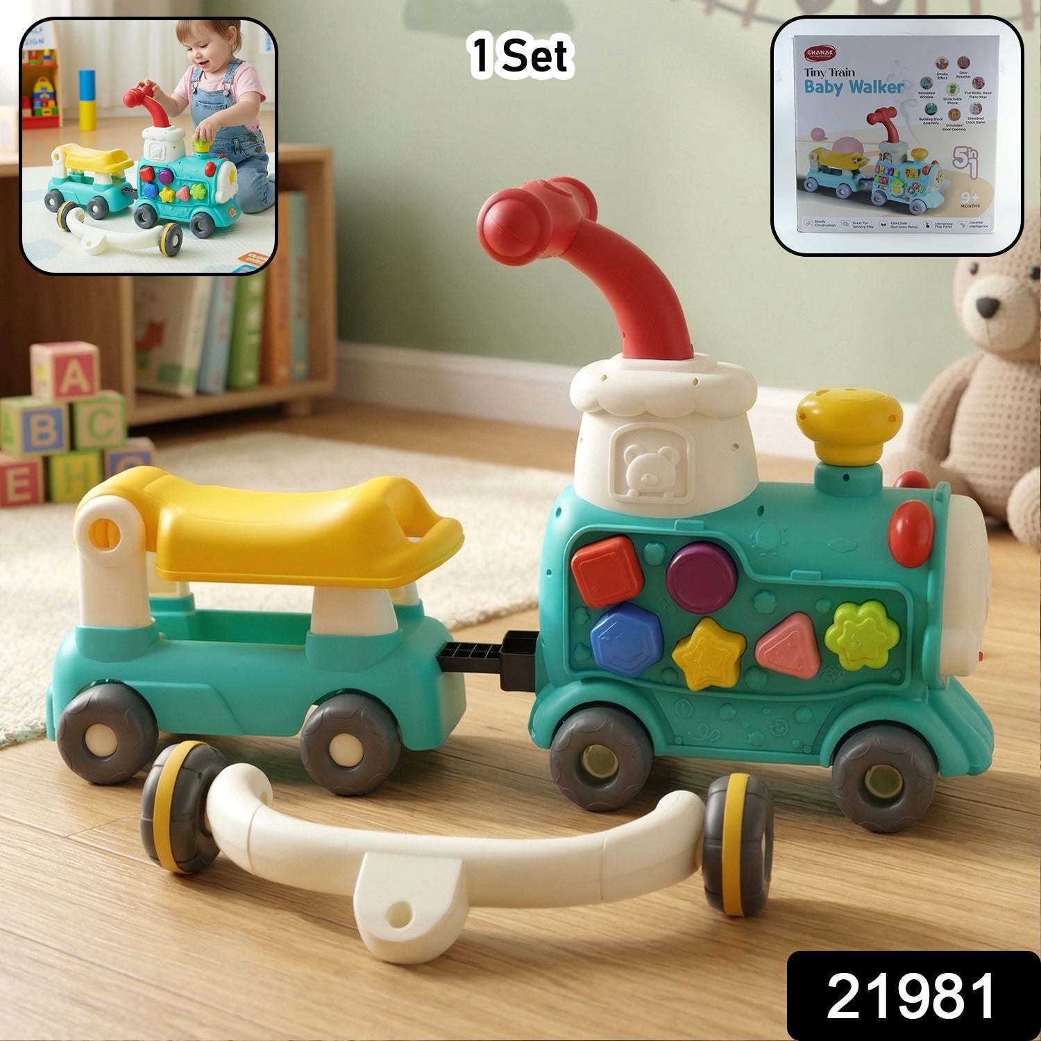 Train-shaped baby walker with smooth wheels