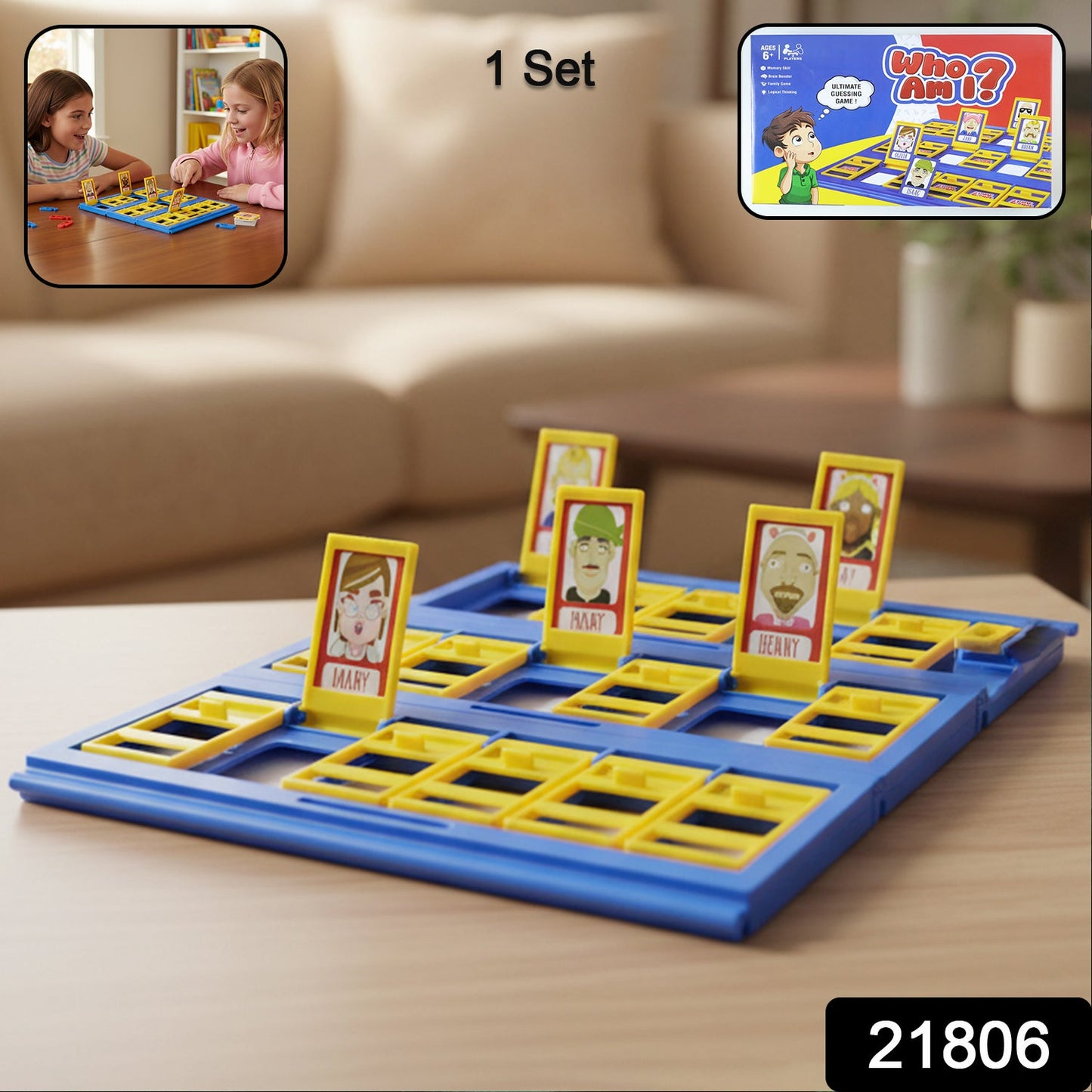 Two kids enjoying Who Am I interactive guessing game with character cards