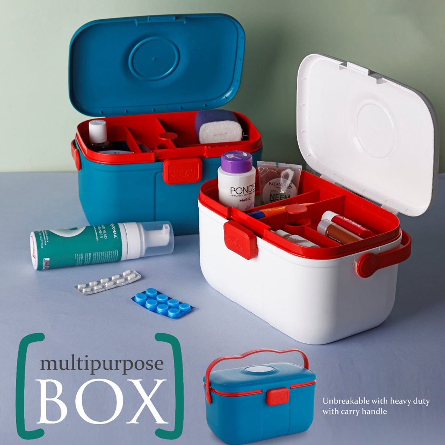 Portable storage box ideal for first aid supplies and travel essentials