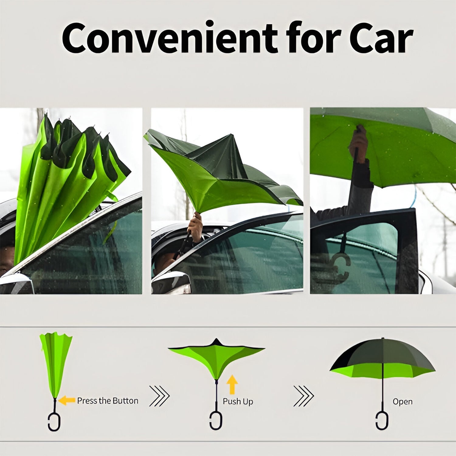 Closed foldable kids umbrella, highlighting the unique C-shaped handle.