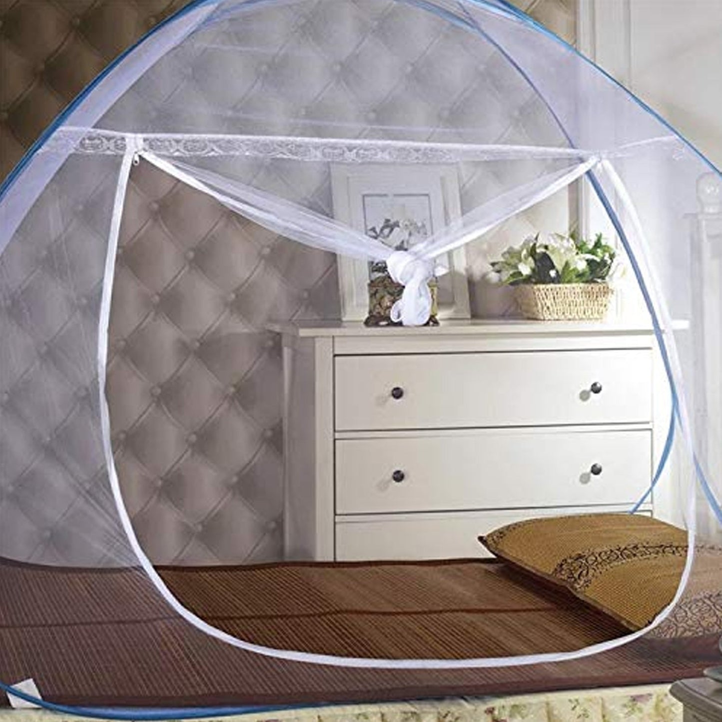 Foldable mosquito net tent crafted from polyester for easy use and protection