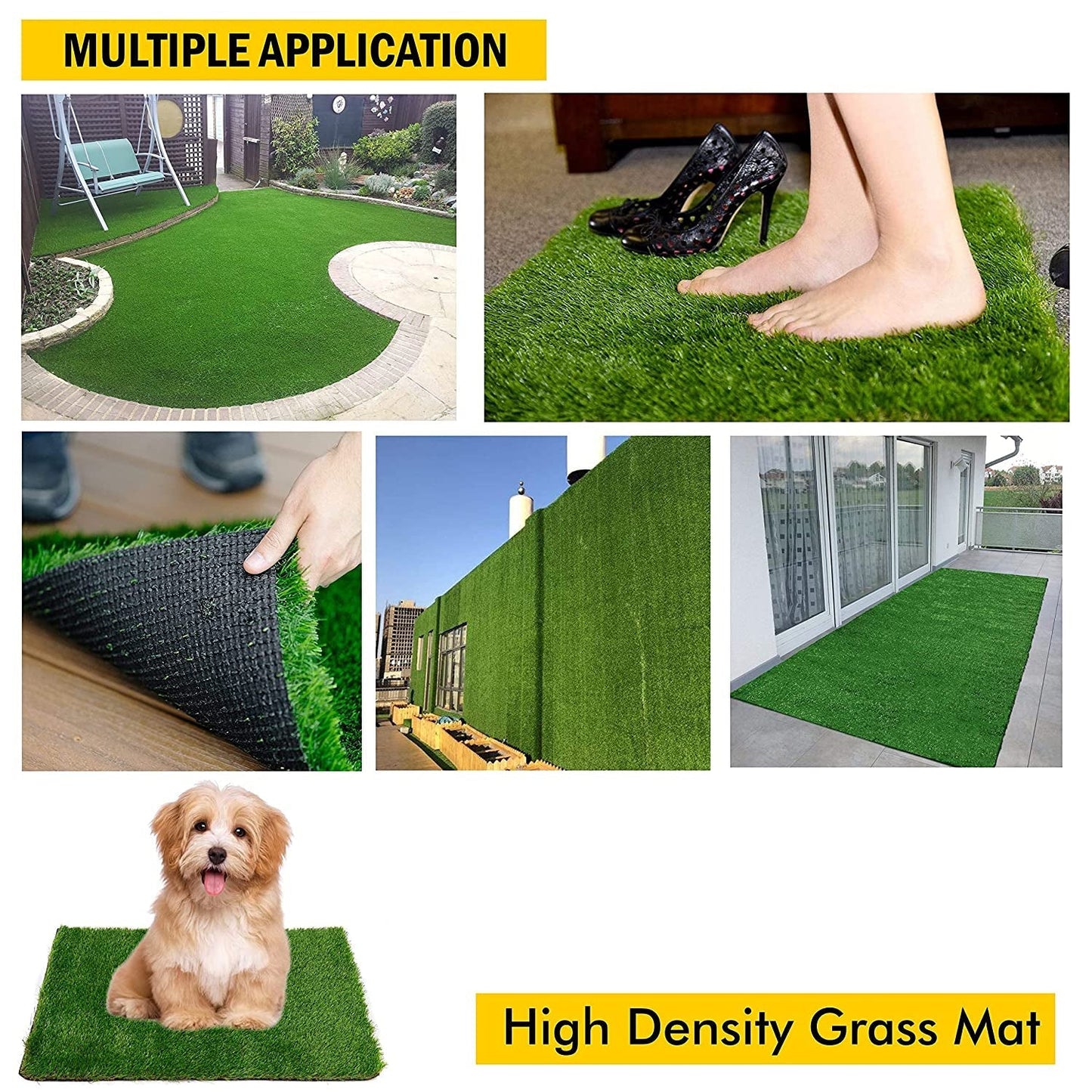 The weather-resistant artificial grass mat creating a cozy green corner on a balcony.
