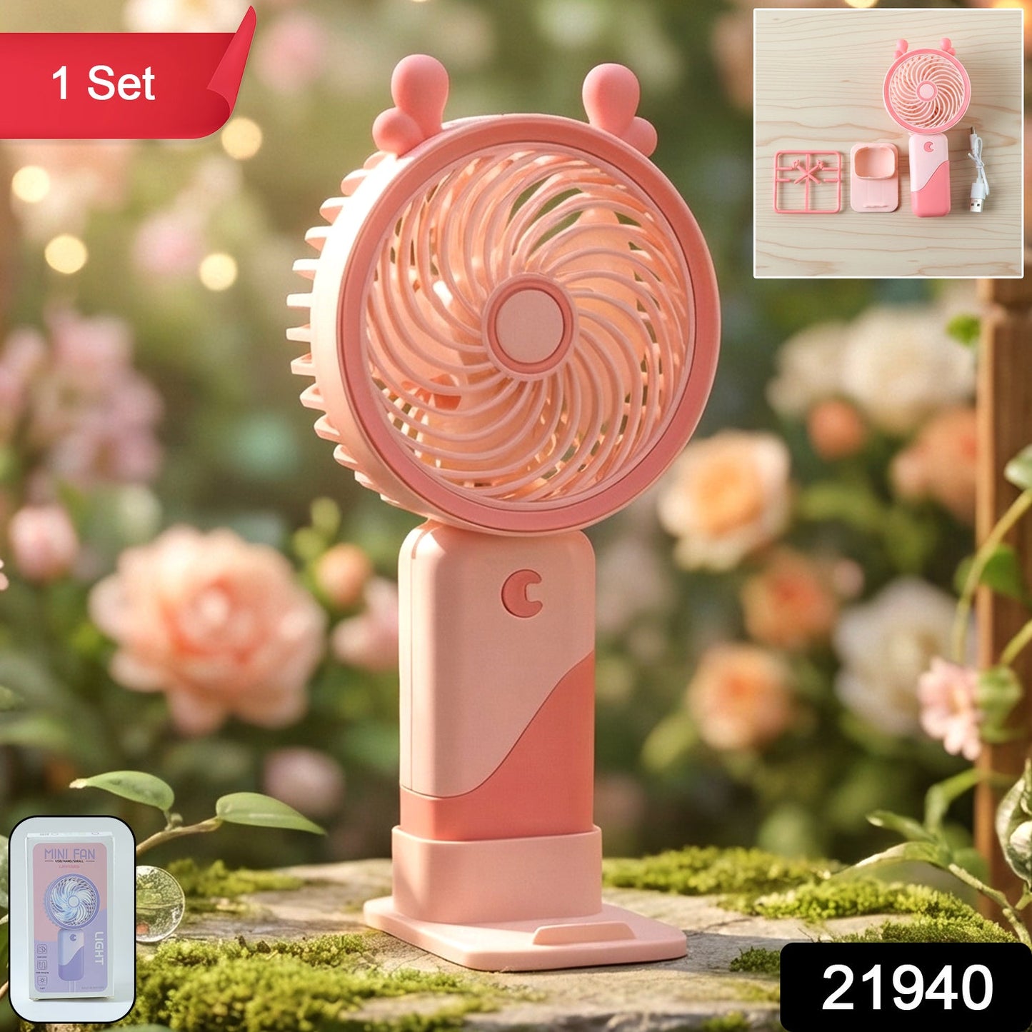 Portable mini fan with LED light, compact and lightweight