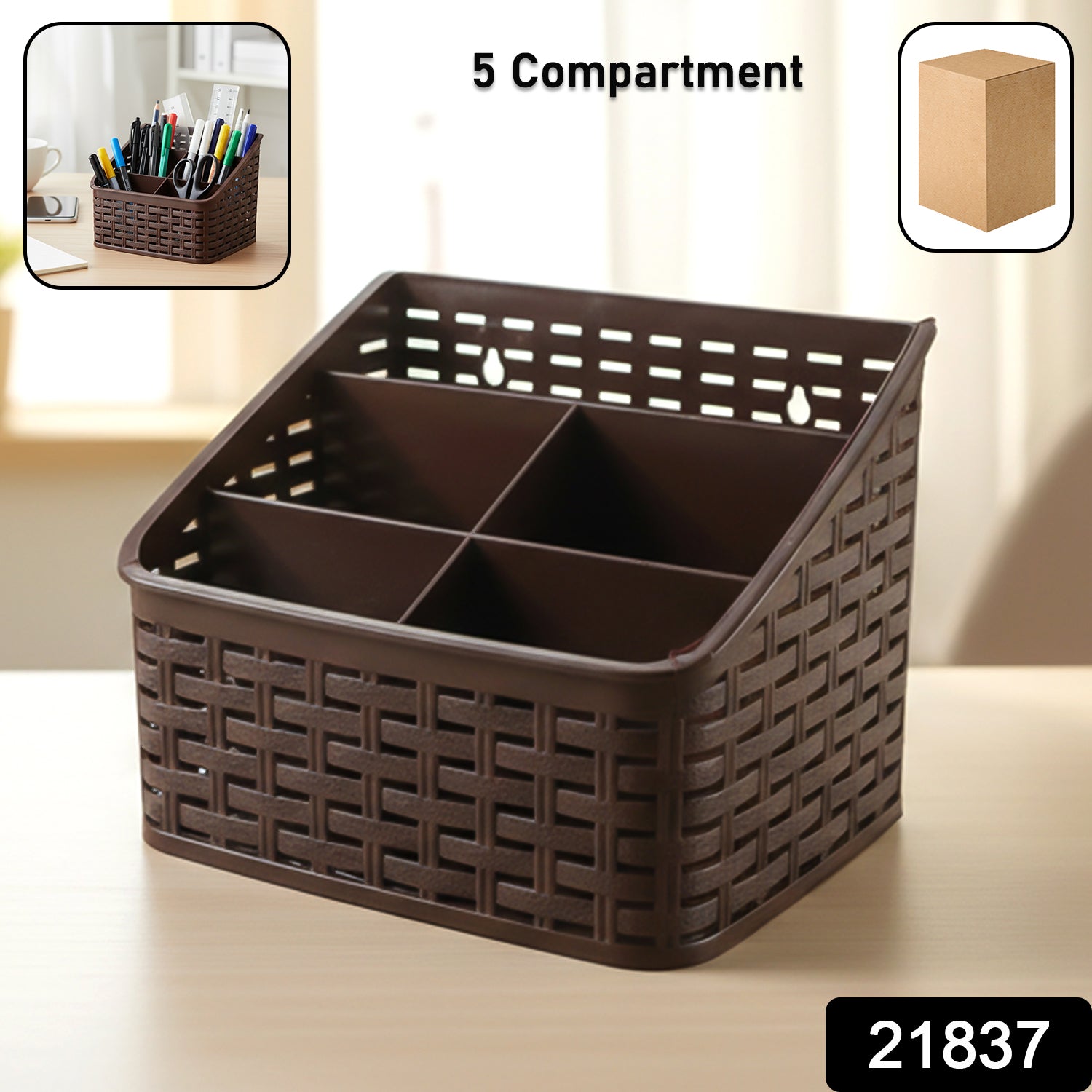 Brown woven design desk organizer basket holding office supplies